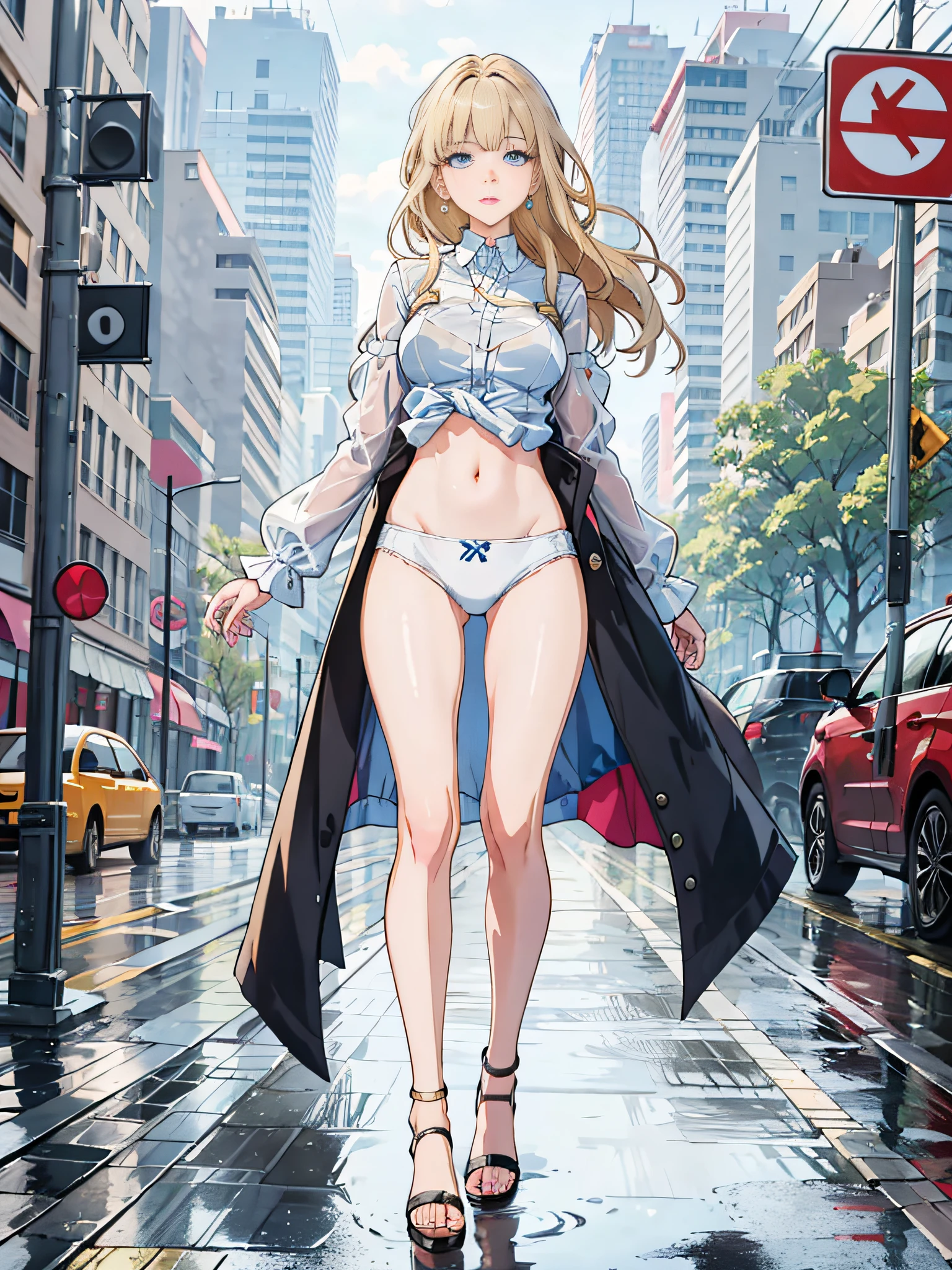 1girll, Solo, walking at street, rained, Blue eyes, Earrings, Blonde hair, Large breasts, Long hair, view the viewer, navel, White panties, full body, standing, parted lip, sandals, Long sleeves, See-through, White shirt, Wet clothes, Wet skin, Wet hair, Bare legs