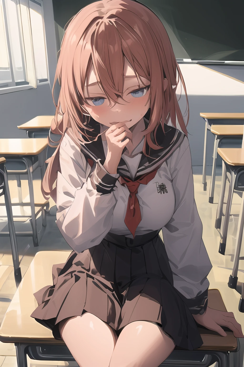 girl wearing school uniform，Superskirt，looks away，sitted，embarressed，Be red in the face，weeping，Mouth closed，‎Classroom（Girl leaking urine），Oyama Makoto