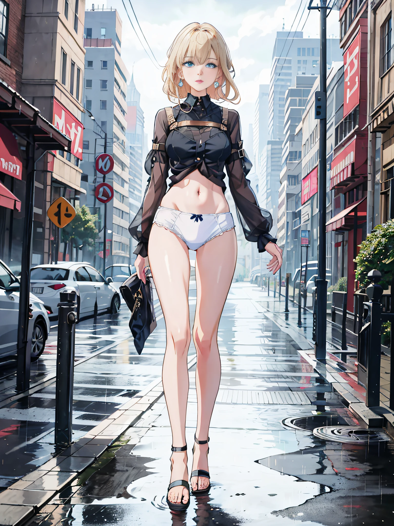 1girll, Solo, walking at street, rained, Blue eyes, Earrings, Blonde hair, Large breasts, Long hair, view the viewer, navel, White panties, full body, standing, parted lip, sandals, Long sleeves, See-through, White shirt, Wet clothes, Wet skin, Wet hair, Bare legs