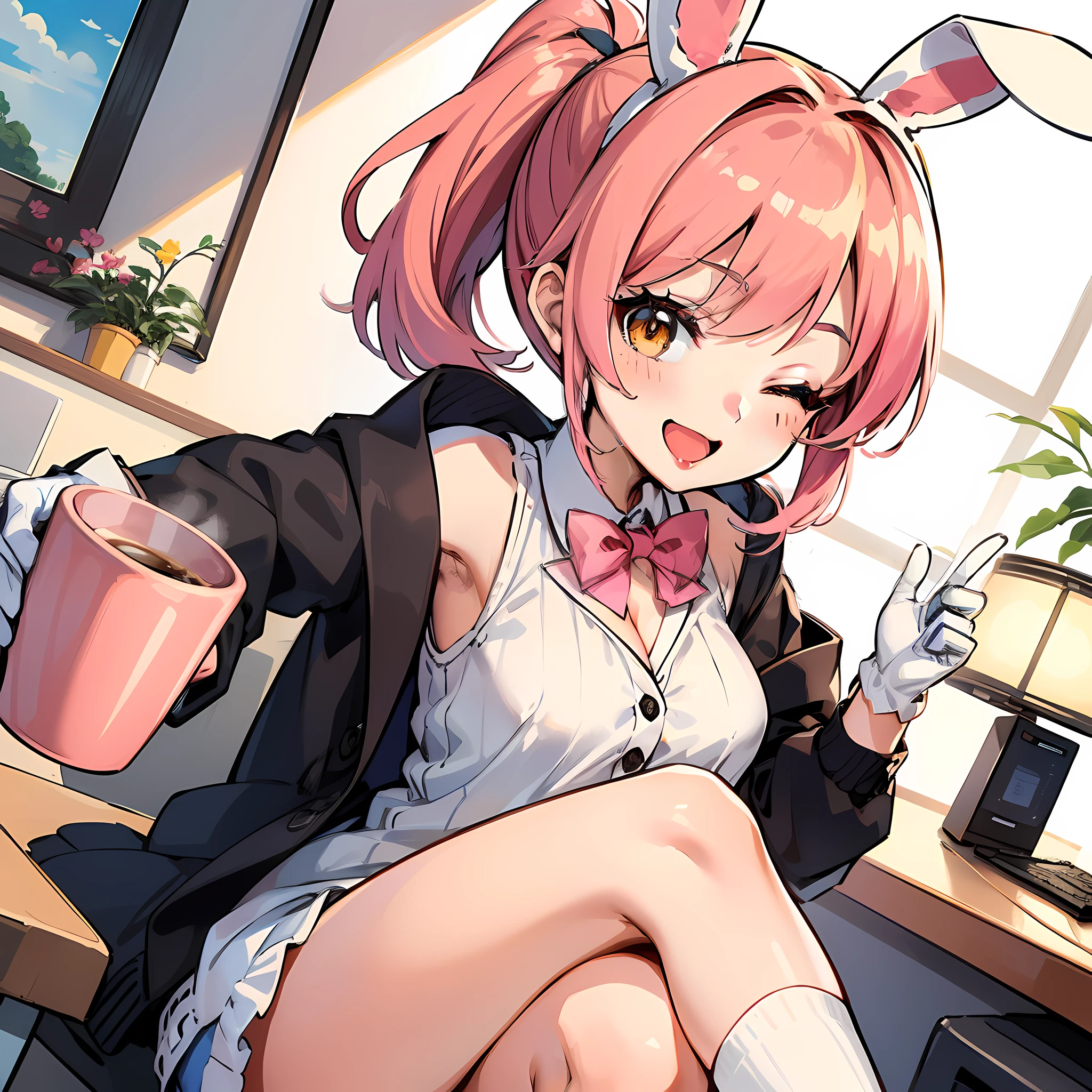 (:D:1.2),One girl. (masutepiece, of the highest quality, Kyoto Animation Style Illustration, of the highest quality, Official art, aesthetics, Beautiful details, :1. 2), BREAK, (17 years old girl), Very detailed, colourfull, highest details, BREAK, (medium breasts),(Orange Eyes:1.2),(girl, Cute, Graceful, Loli face,Pink hair,a short bob,tareme, gleaming skin, Hugging a stuffed rabbit, Playboy Bunny,(Suit Style, long lace white gloves, Black cardigan:1.1), High socks with pink and yellow stripes,Pink Bunny Years Hair Band,BREAK,(Holding a mug),Coffee,(one eye closed), Waving hands,Smile,(closes mouth),Leg Crossing,chair sitting sitting,Office Lady,Ponytail, Navy suit