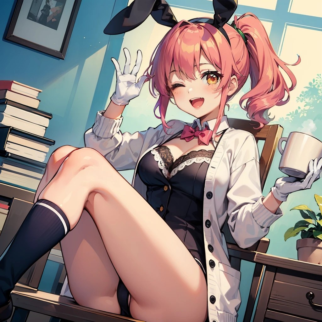 (:D:1.2),One girl. (masutepiece, of the highest quality, Kyoto Animation Style Illustration, of the highest quality, Official art, aesthetics, Beautiful details, :1. 2), BREAK, ( girl), Very detailed, colourfull, highest details, BREAK, (medium breasts),(Orange Eyes:1.2),(girl, Cute, Graceful, Loli face,Piair,a short bob,tareme, gleaming skin, Hugging a stuffed rabbit, Playboy Bunny,(Suit Style, long lace white gloves, Black cardigan:1.1), High socks with pink and yellow stripes,Pink Bunny Years Hair Band,BREAK,(Holding a mug),Coffee,(one eye closed), Waving hands,Smile,(closes mouth),Open legs,Strap panties visible,chair sitting sitting,Office Lady,Ponytail, Navy suit