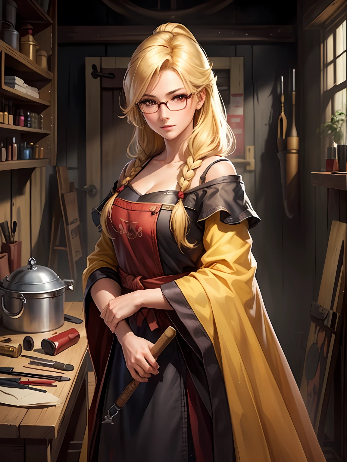 (masterpiece、top-quality、top-quality、Official art、Beautifully Aesthetic:1.2)、a beauty girl、ue、carpenter、eye glass、a blond、Hair is down、Twin-tailed,、de pele branca、Red Eyes、workshop、Tools, Workbench、Dynamic lighting, illustratio