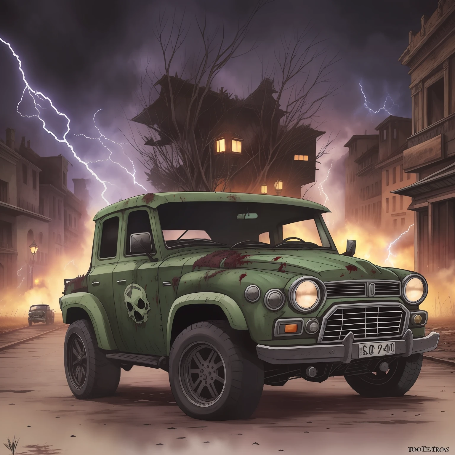 apocalipsis zombie, batallha entre zombies y vampiros, noche oscura con tormentas electricas, coches y cuerpos esparcidos, estilo fantasmagorico, detalles intricados, pintura digital,watercolor