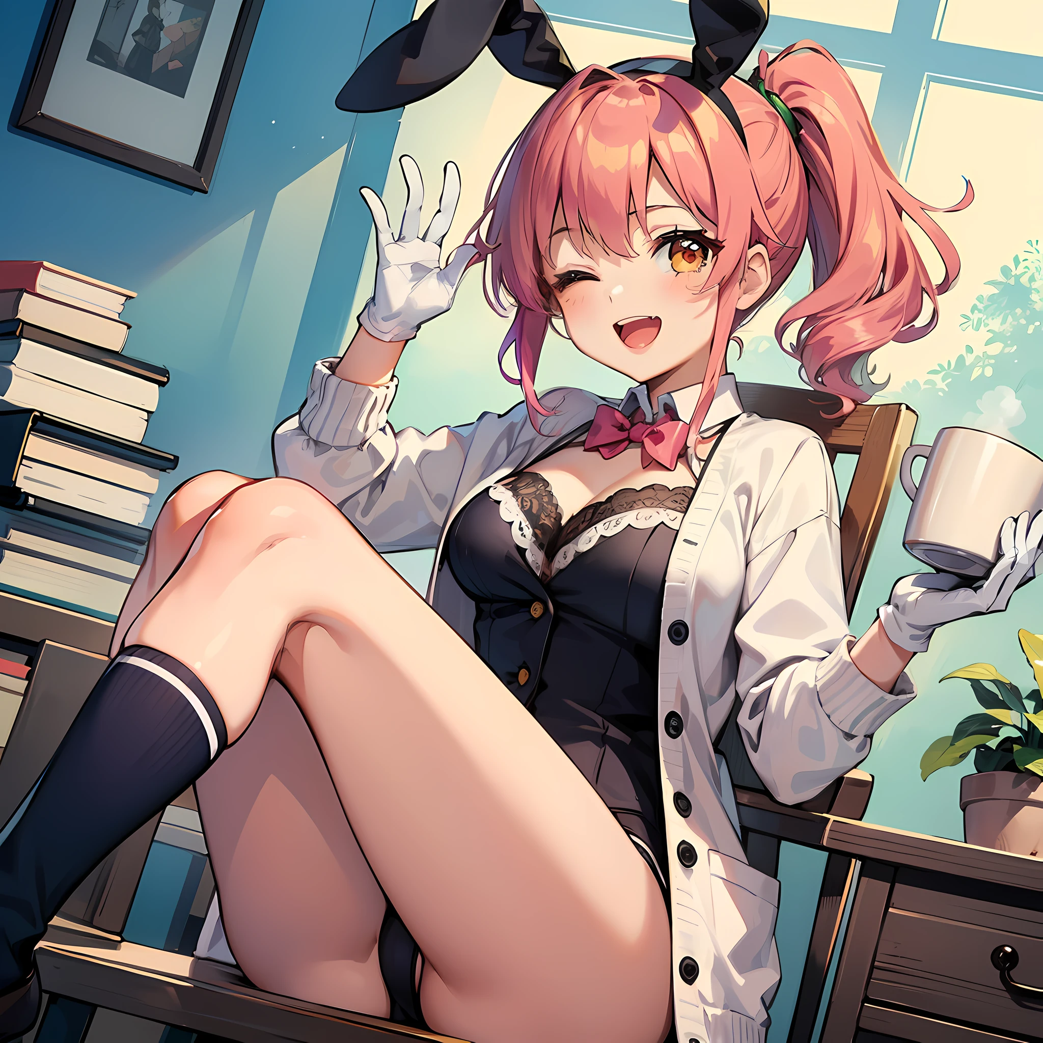 (:D:1.2),One girl. (masutepiece, of the highest quality, Kyoto Animation Style Illustration, of the highest quality, Official art, aesthetics, Beautiful details, :1. 2), BREAK, ( girl), Very detailed, colourfull, highest details, BREAK, (medium breasts),(Orange Eyes:1.2),(girl, Cute, Graceful, Loli face,Piair,a short bob,tareme, gleaming skin, Hugging a stuffed rabbit, Playboy Bunny,(Suit Style, long lace white gloves, Black cardigan:1.1), High socks with pink and yellow stripes,Pink Bunny Years Hair Band,BREAK,(Holding a mug),Coffee,(one eye closed), Waving hands,Smile,(closes mouth),Open legs,Strap panties visible,chair sitting sitting,Office Lady,Ponytail, Navy suit