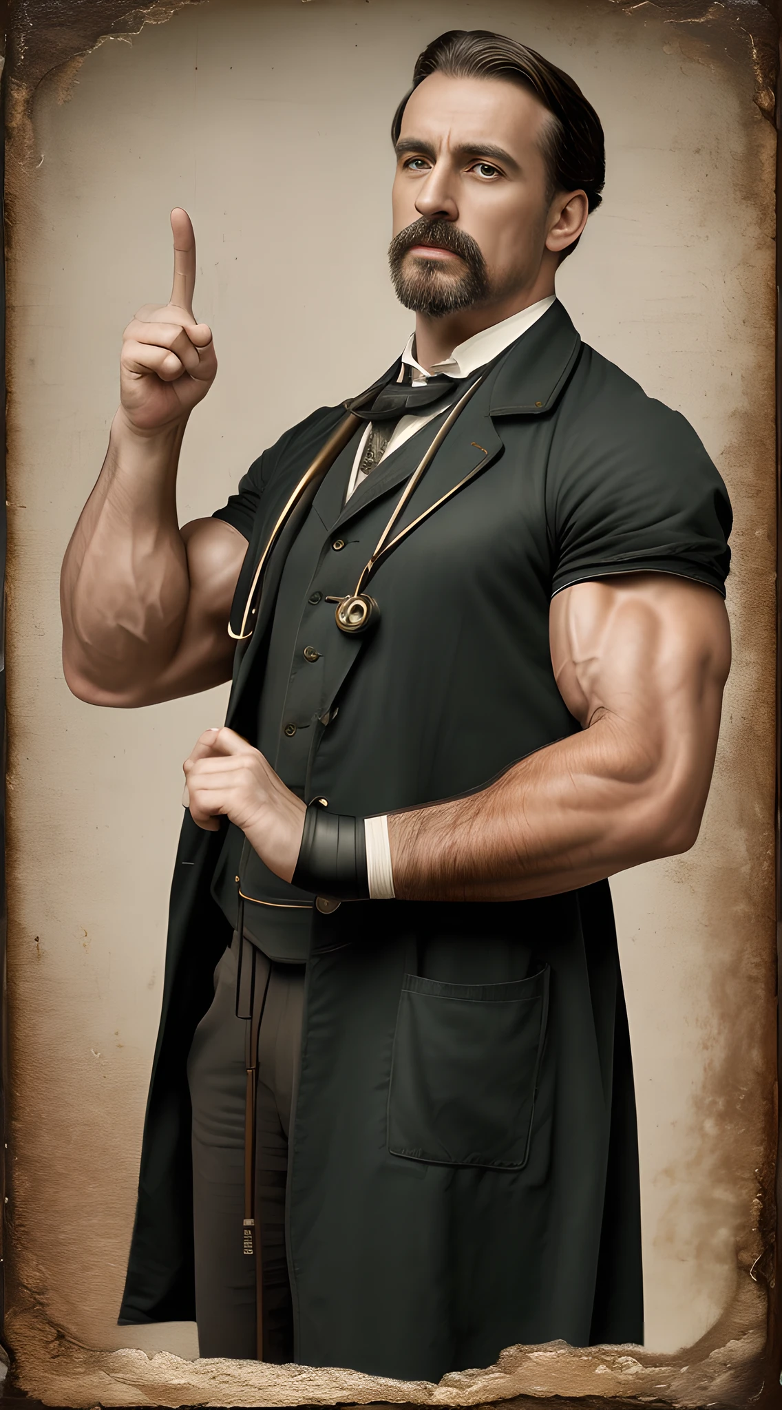 (masterpiece, 8K, photo-realistic:1.4), Victorian-era doctor, (impressively muscular arms:1.3), making peace sign, anxious look, (authentic 19th-century doctor's attire:1.1), aged stethoscope, clinic backdrop, Victorian medicinal bottles, brass scales, anatomy charts, (old photograph texture:1.3), warm sepia tones, medium shot, side view, mysterious aura.