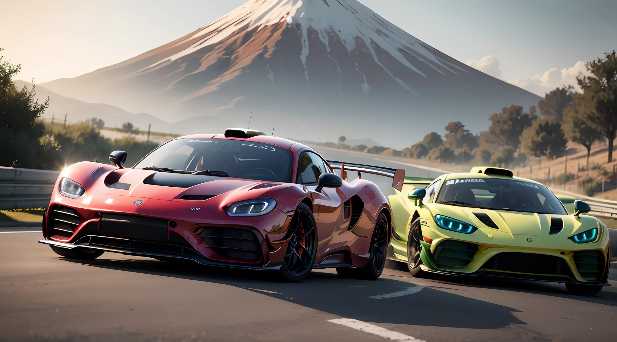 super high res, melhor qualidade, jogo Forza Horizon 5, several cars running in front of a volcano, foco em um carro mercedes AMG one vermelho correndo, alta velocidade, mexico, capa para o jogo, bastante paisagens vibrantes, Traces of light, pista longa --auto