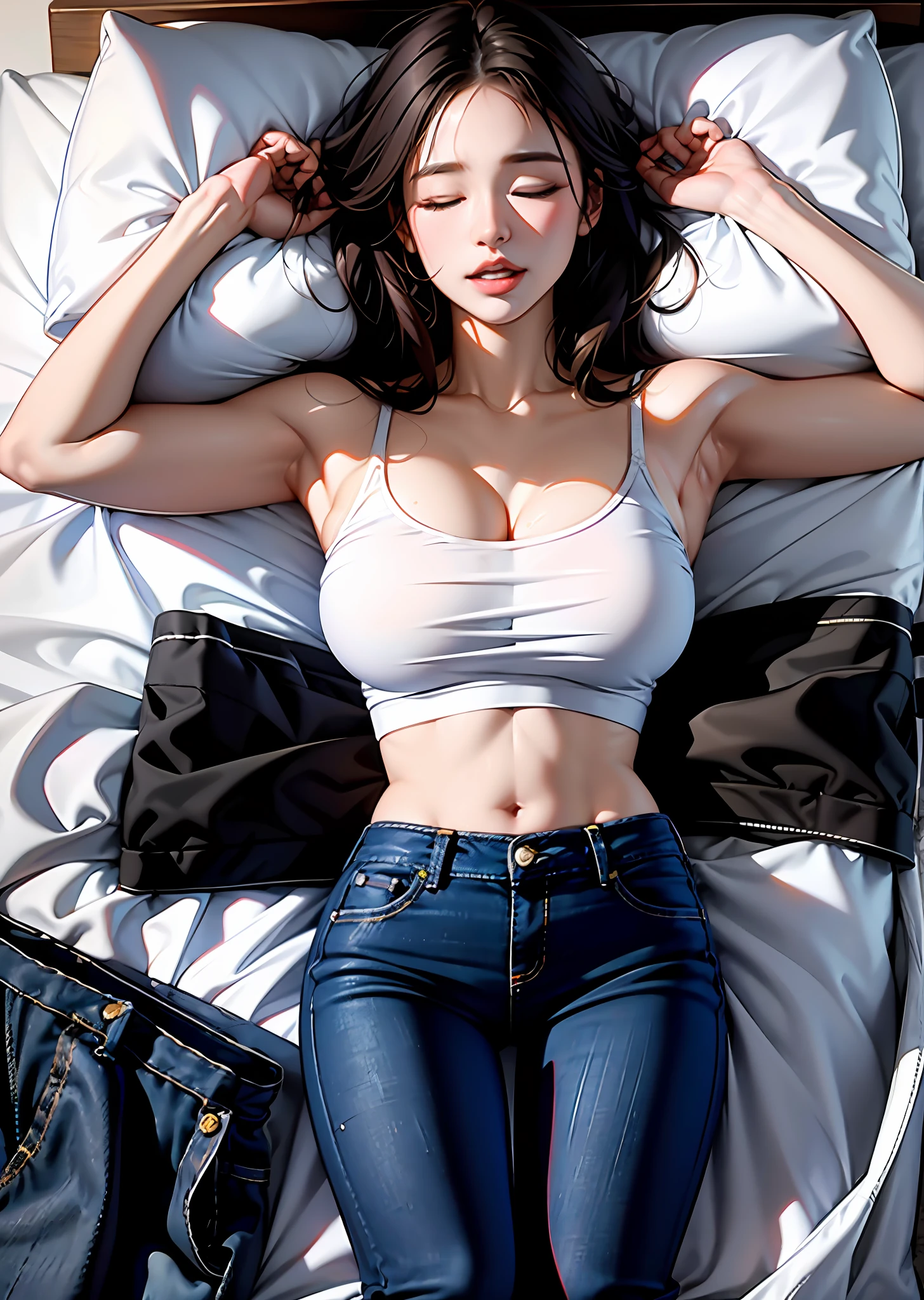 masterpiece, bset quality, realistic, 1girl, (PureErosFace_V1:0.7),  (8k, best quality), shirt, jeans,unconscious, closed eyes, sleeping, {{cum on face}}, cum_in_mouth, cum_on_hair, cum on breast, full body,