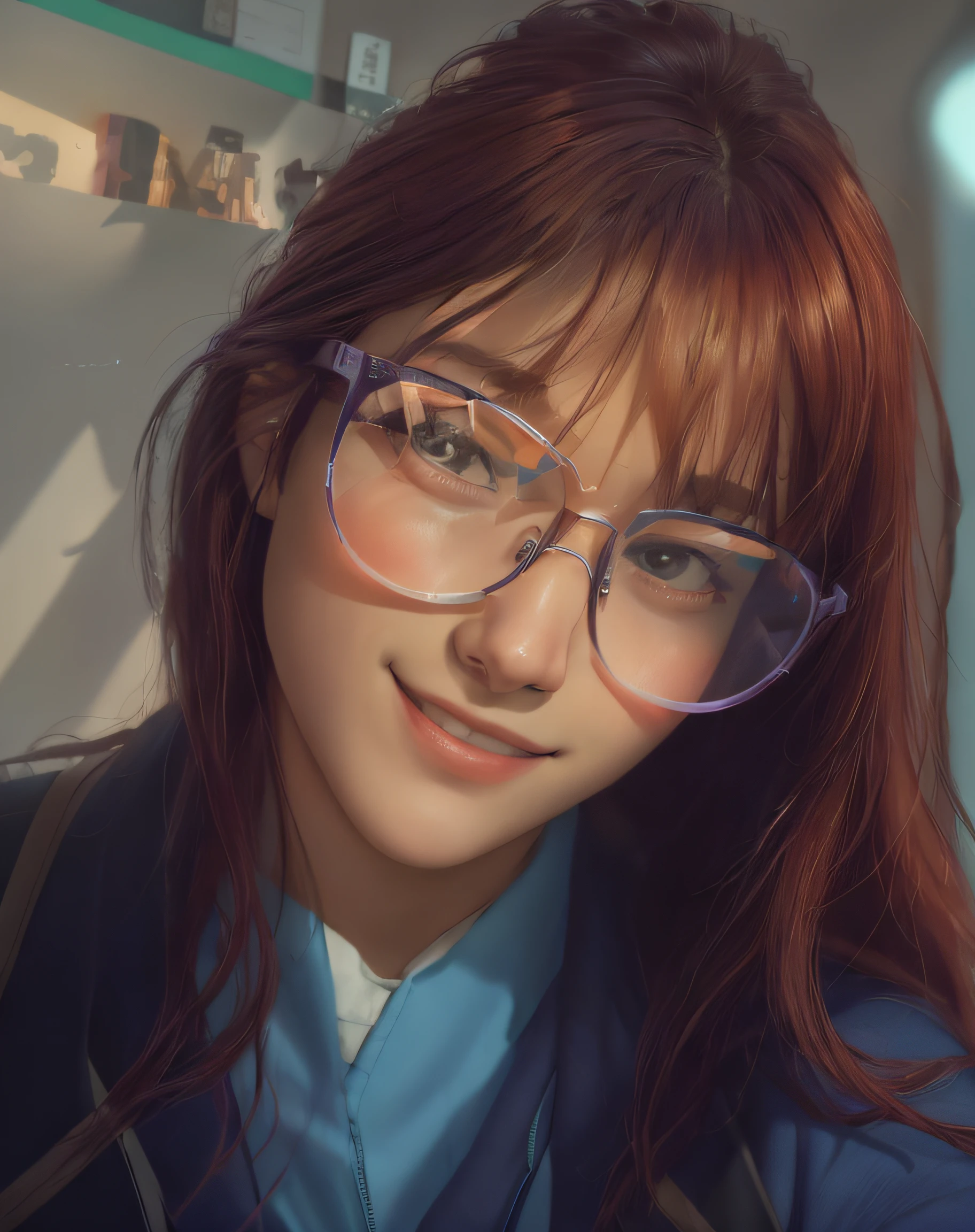 a woman with glasses while posing for a photo, Retrato Lofi, Transparent glasses, Brilhando com luz colorida, bonita ligeiramente nerd sorriso, com luzes azuis brilhantes, imagem do avatar, thick glasses, foto de perfil 1024px, leve sorriso nerd, ruivo colorido, imagem de qualidade muito alta, foto de perfil, granulado de baixa qualidade