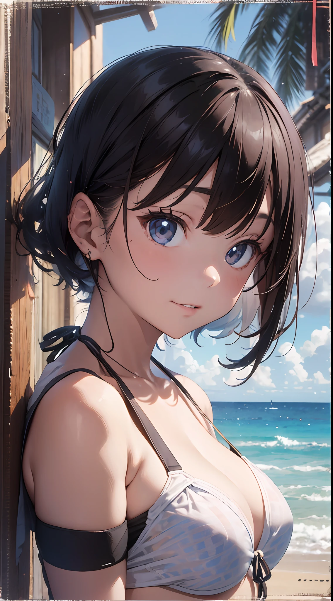 White off-the-shoulder bikini on the beach in Palau(Bikini without shoulder straps、No shoulder straps、Shoulder out)Surreal portrait of a girl in Japan, Inspired by the technique of Antonio López, Chuck Close, Ron Mueck, Richard Estes, and Marilyn Minter.