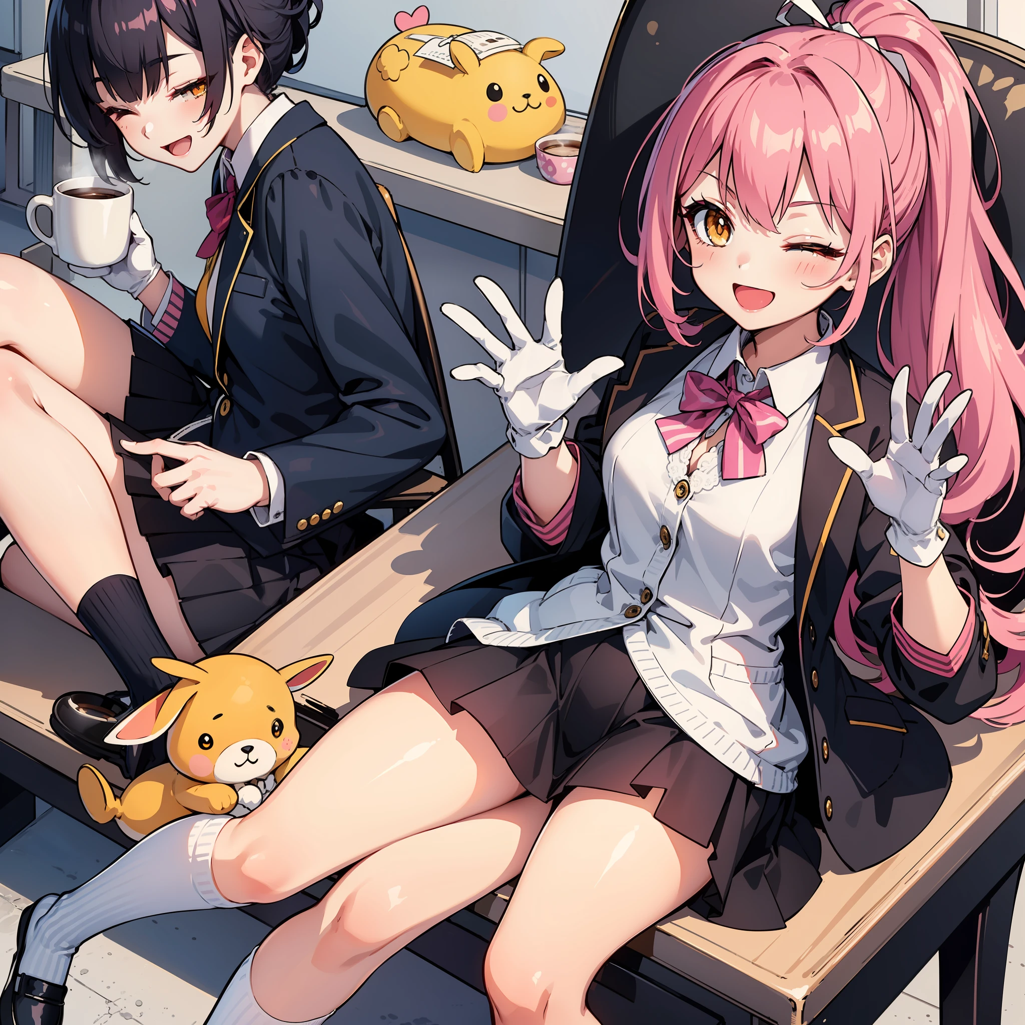 (:D:1.2),One girl. (masutepiece, of the highest quality, Kyoto Animation Style Illustration, of the highest quality, Official art, aesthetics, Beautiful details, :1. 2), BREAK, ( girl), Very detailed, colourfull, highest details, BREAK, (medium breasts),(Orange Eyes:1.2),(girl, Cute, Graceful, Loli face,Piair,a short bob,tareme, gleaming skin, Hugging a stuffed rabbit, Playboy Bunny,(Suit Style, short suit skirt,long lace white gloves, Black cardigan:1.1), High socks with pink and yellow stripes,Pink Bunny Years Hair Band,BREAK,(Holding a mug),Coffee,(one eye closed), Waving hands,Smile,(closes mouth),Open legs,Strap panties visible,chair sitting sitting,Office Lady,Ponytail, Navy suit