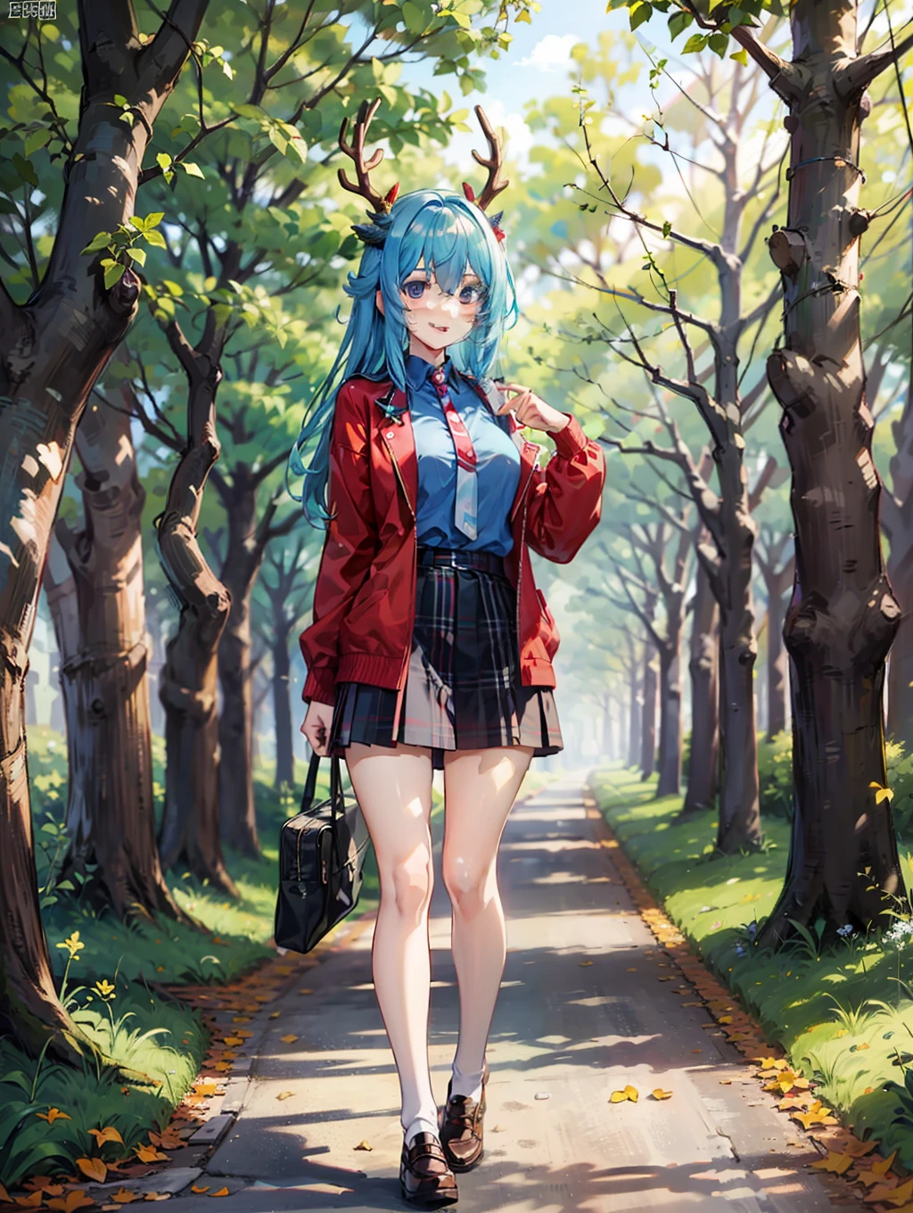 Anime，sexy，Blue-haired girl with antlers，eBlue eyes，cheerful，The clothes ar：Red jacket White shirt，Scenes：The birch forest shines with sunlight