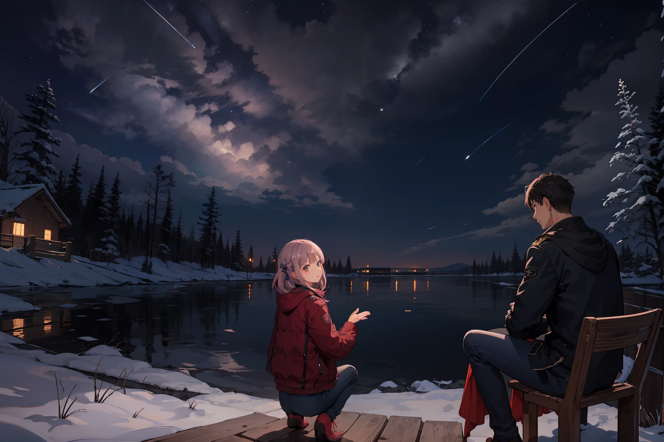Mother father and daughter looking at the starry sky