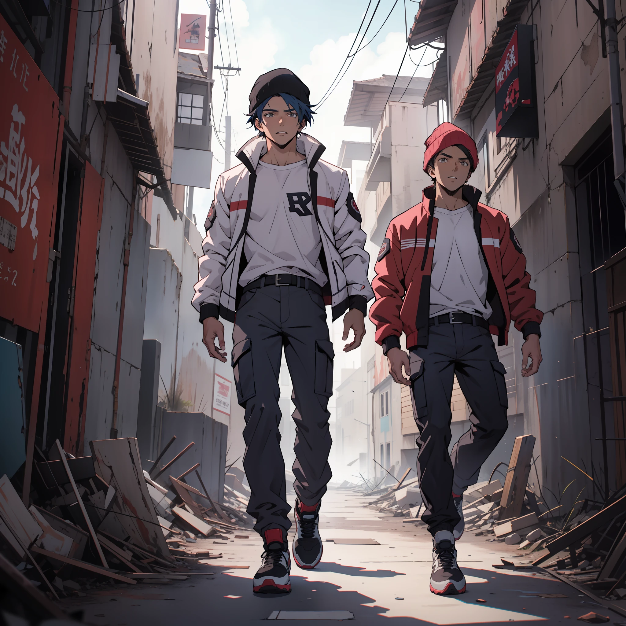 Un chico, alto, cabello negro, gorro de invierno color rosa, piel morena, ojos grises, pantalones azules, zapatos deportivos blancos, camisa blanca, chaqueta escolar rosa, joven, Apocalyptic background, ruinas, de noche, anime, 2d, comic