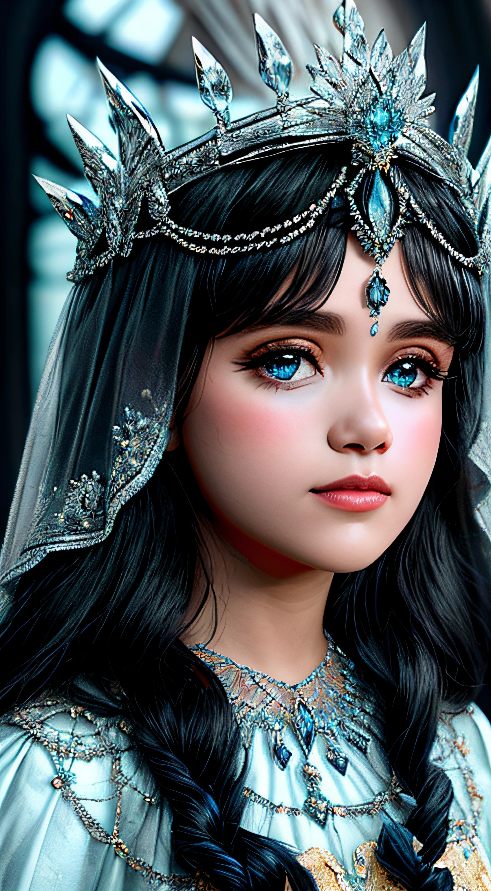 A closeup of a TIA with blue and white crystals on a black surface, tiara com safira, Coroa de joias, coroa de joias, tiara azul, coroa ornamentada joias, Crown of the Silver Prince, coroa de cristal, coroa real, coroa de engrenagens azuis e diamantes, realeza enfeitada e incrustada, usando uma coroa de diamantes, coroa de prata, Coroa da Rainha