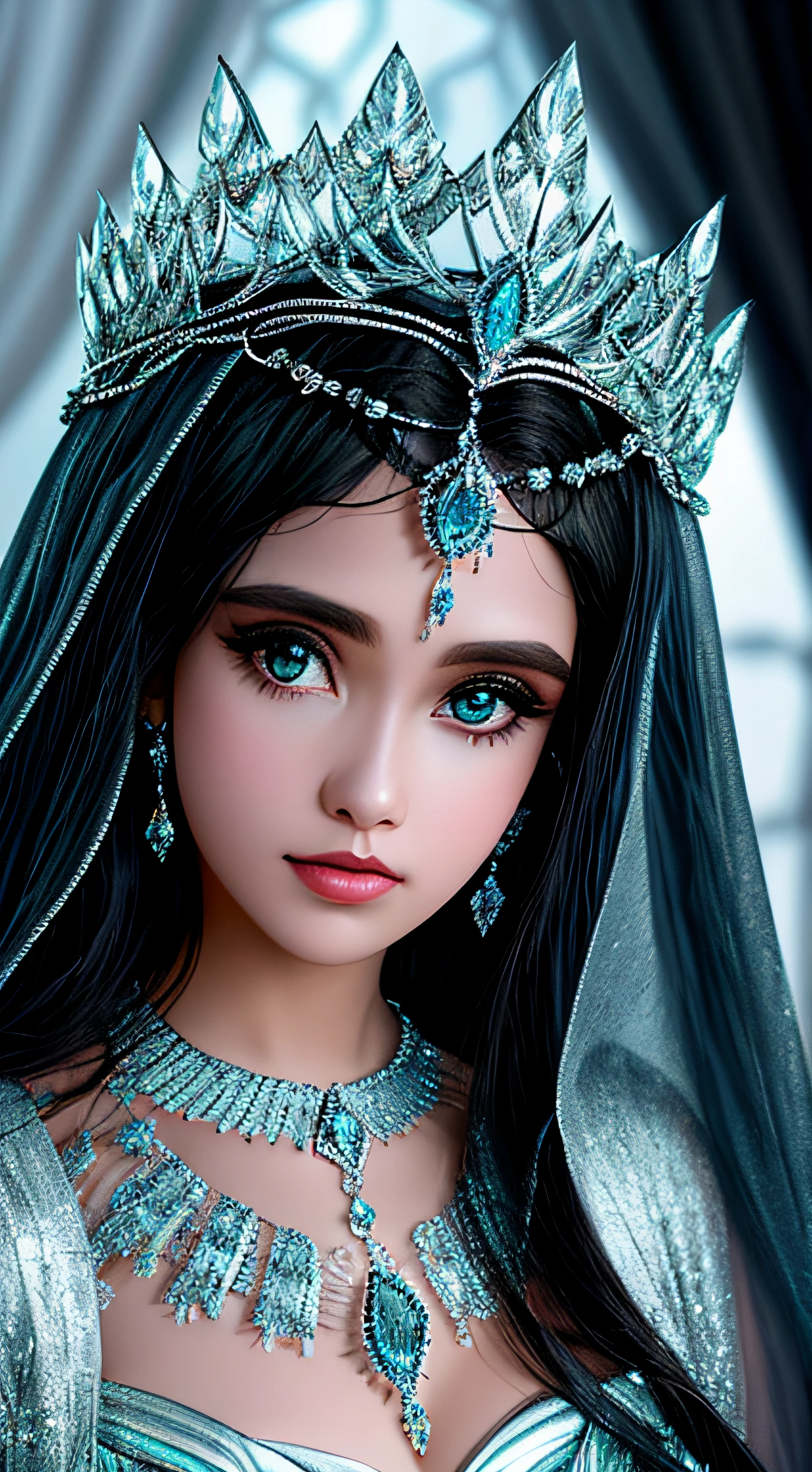 A closeup of a TIA with blue and white crystals on a black surface, tiara com safira, Coroa de joias, coroa de joias, tiara azul, coroa ornamentada joias, Crown of the Silver Prince, coroa de cristal, coroa real, coroa de engrenagens azuis e diamantes, realeza enfeitada e incrustada, usando uma coroa de diamantes, coroa de prata, Coroa da Rainha