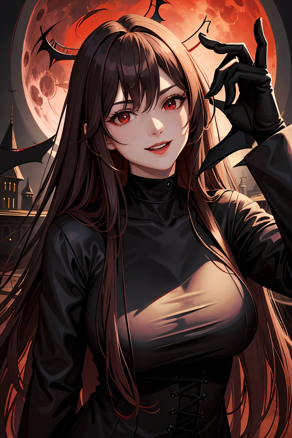 masterpiece, ultra quality, detailed, 4k quality, long hair. brown hair, red eyes, hair down, black outfit, sexy outfit, vampire, gothic, black theme, blood moon, flying bats, night, illuminating light, curvy, large bust, black choker, smiling