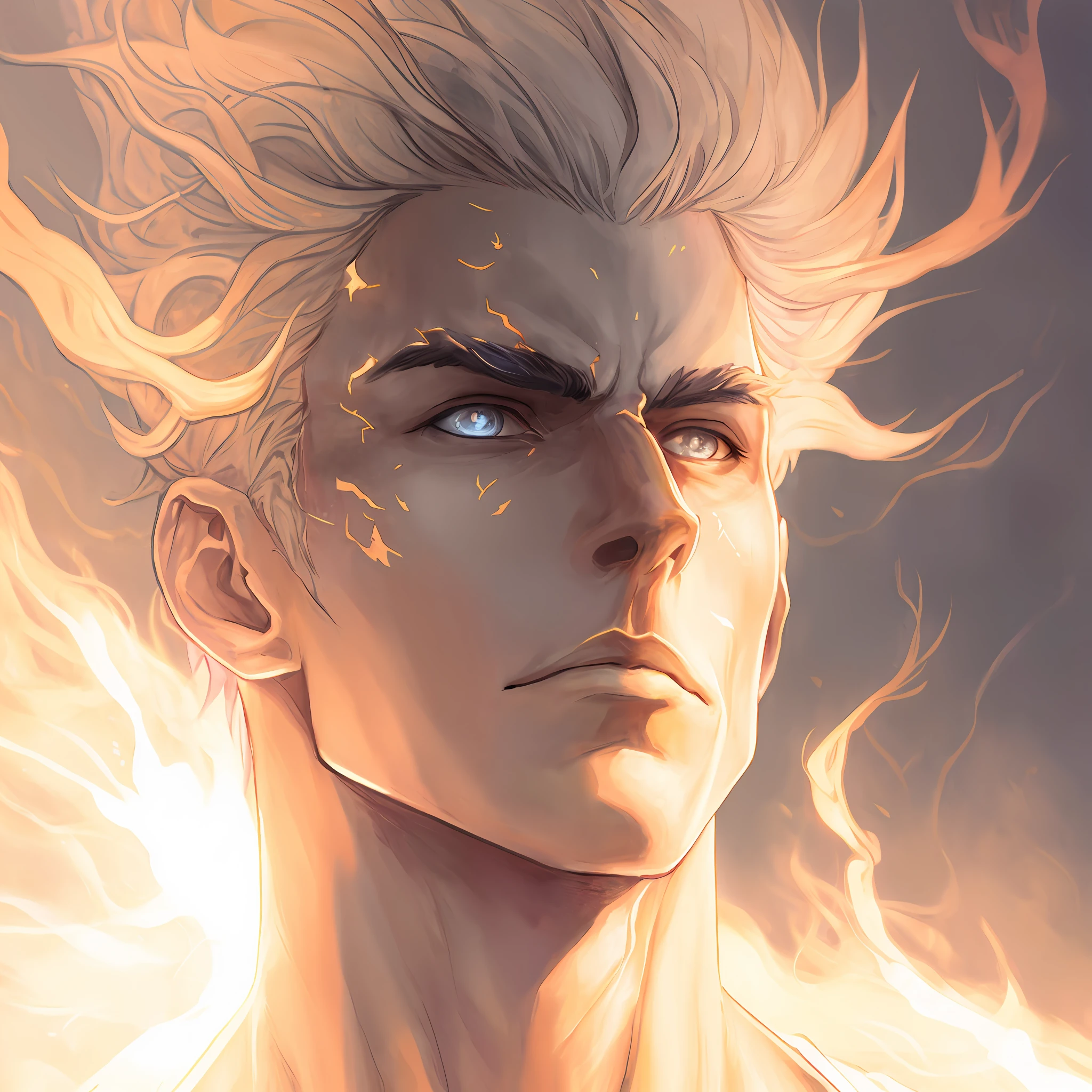 personagem de anime com cabelos brancos e olhos azuis na frente de um fundo escuro, cara bonito na arte demon slayer, fire behind him, Retrato anime de um homem bonito, retrato impressionante do rosto do anime, Artgerm. High detail, arte de anime digital detalhada, Nagito Komaeda, Artgerm em ArtStation Pixiv, retrato masculino da fantasia, fanart detalhado