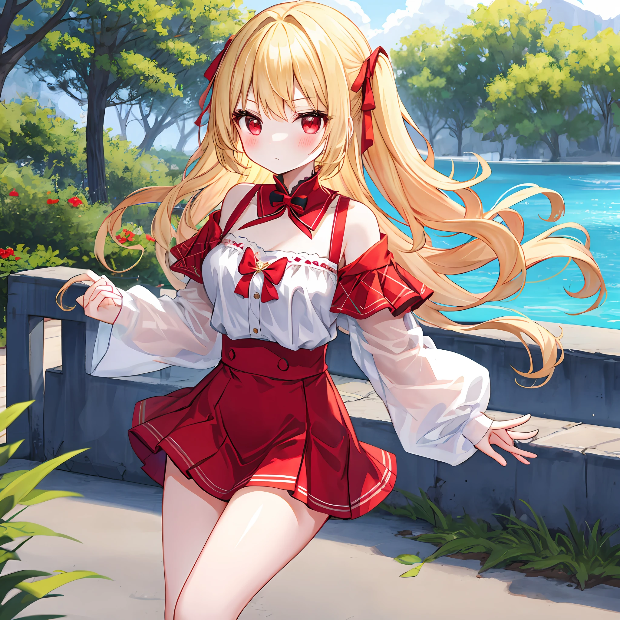 Wavy blonde girl、red eyes、独奏、red blush、off shoulders、western clothes、a miniskirt、a park