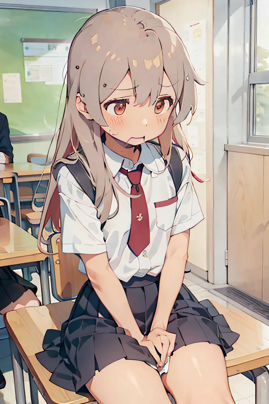 girl wearing school uniform,Superskirt,looks away,sitted,embarressed,Be red in the face,weeping,Mouth closed,Classroom(Girl leaking urine),Oyama Makoto