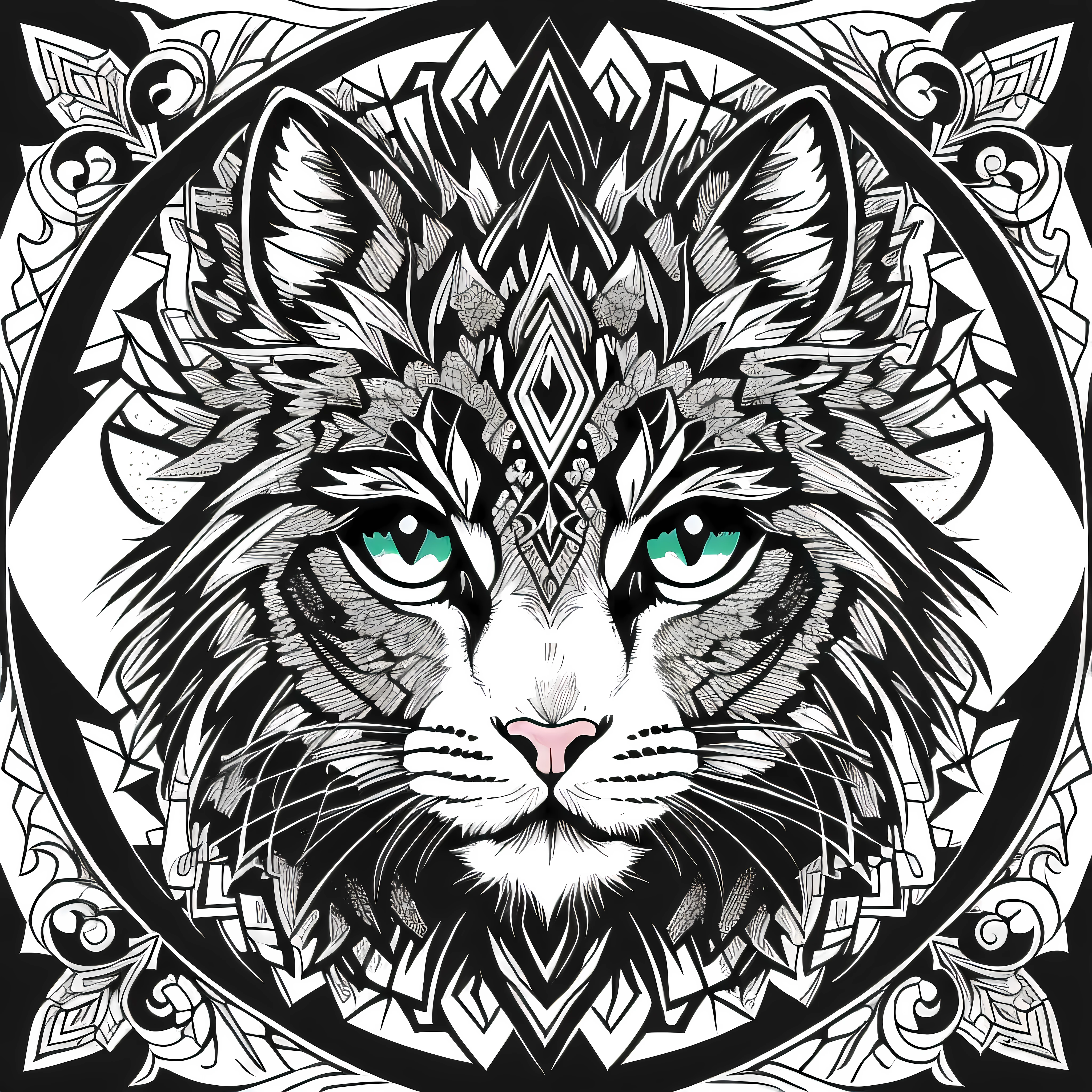 livro para colorir, Livro para colorir para adultos, Linhas conectadas, simetria, a head cat, virado para a frente, preto e branco, trabalho de linha grossa, Great standards, negative space, thick pattern, sem fundo preto, Cute forest pattern background, nenhuma parte colorida de preto, efeito mandalas, mandalas, arte de linha fina de tinta estilizada, vetor, Adobe Illustrator, ..eps, African pattern.
