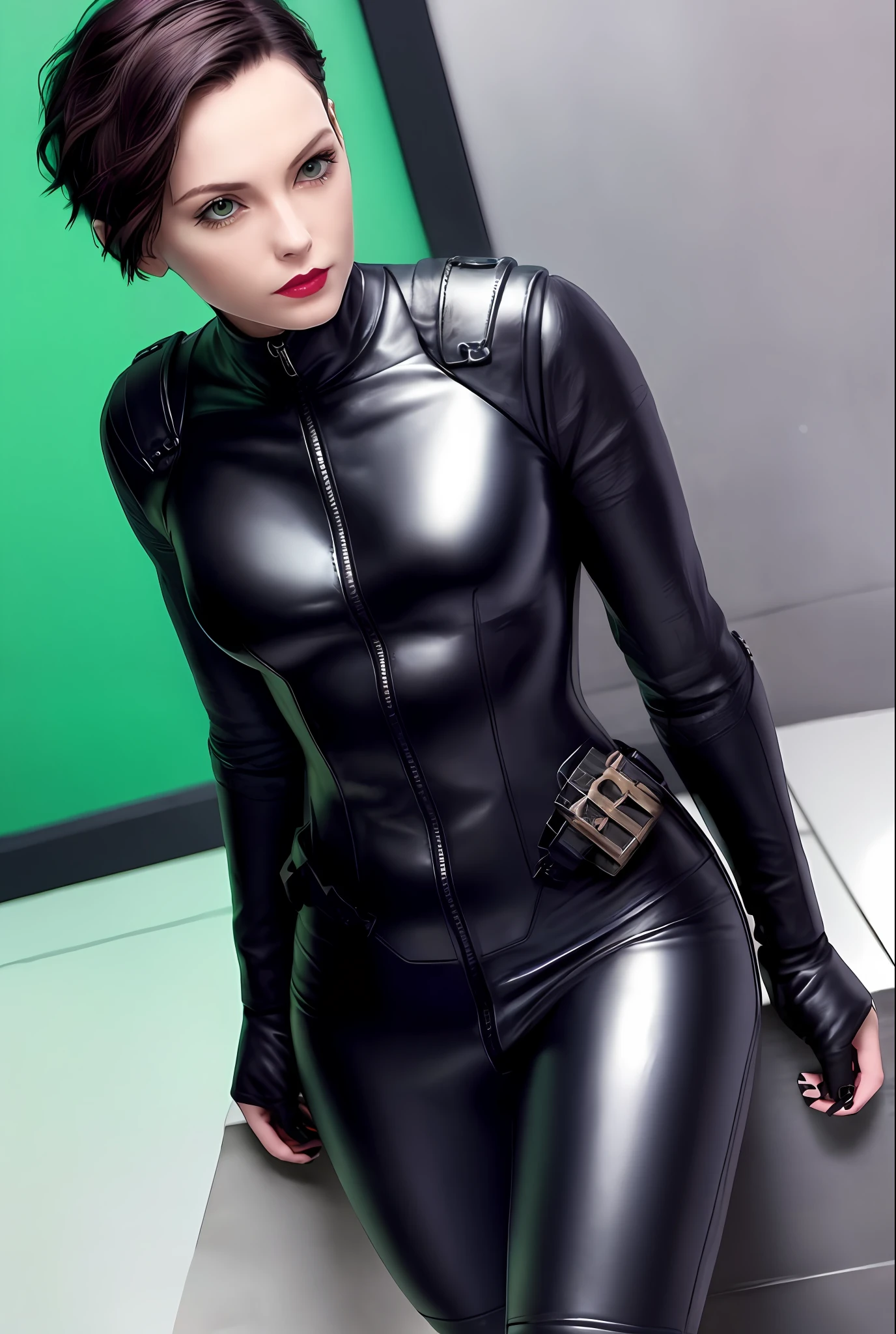 White woman, sexy, gorgeous, hottest woman i've ever seen, black hair, short hair, like pixie cut, some hair drop on the side, she has green eyes, red lips, delictae body proportions, she is kinda slender and atletic, wearing a black leather suit covering all body, tight black suit, her mask is off, photo realistic, higly detailed face, arkham knight catwoman, 4k
