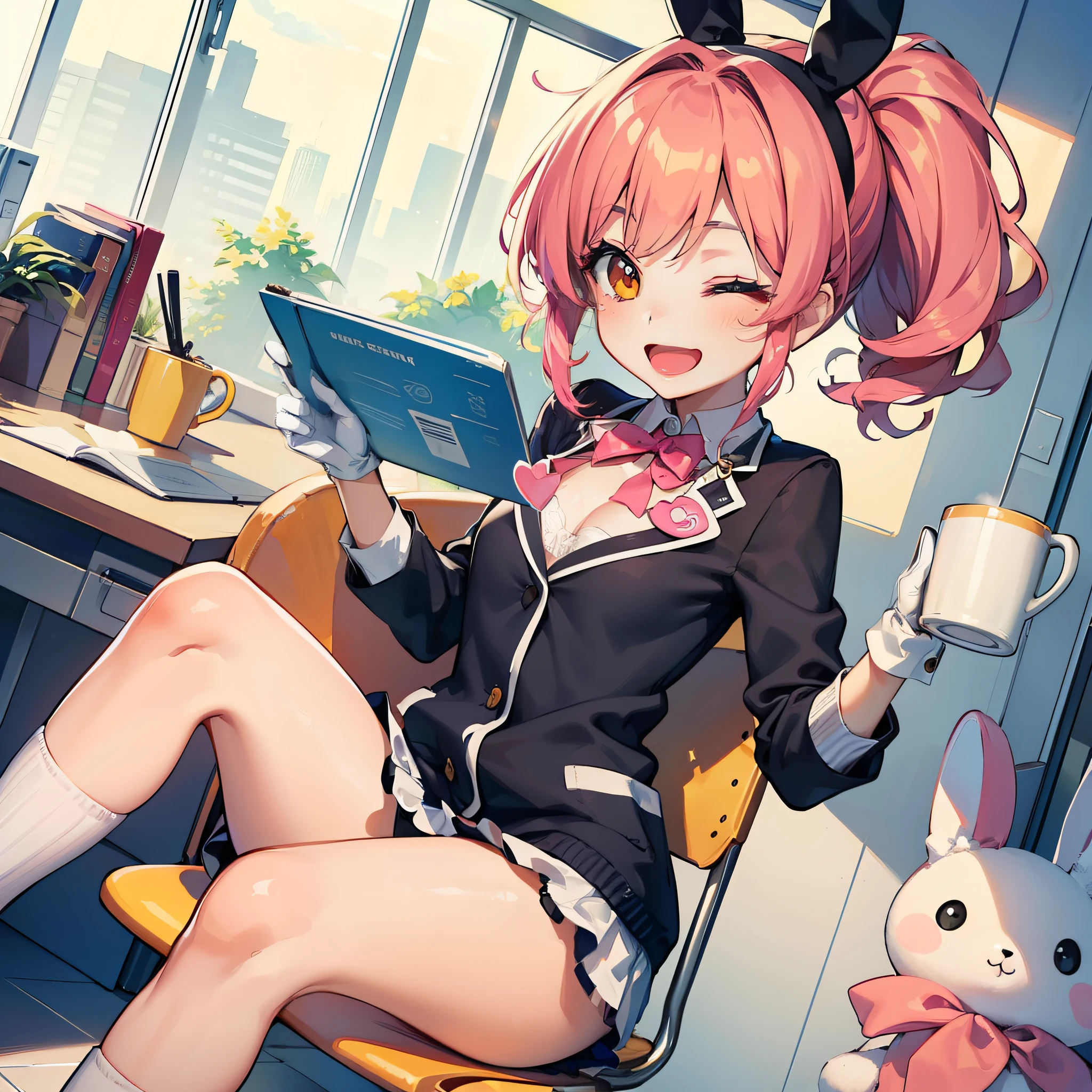 (:D:1.2),One girl. (masutepiece, of the highest quality, Kyoto Animation Style Illustration, of the highest quality, Official art, aesthetics, Beautiful details, :1. 2), BREAK, (17 years old girl), Very detailed, colourfull, highest details, BREAK, (medium breasts),(Orange Eyes:1.2),(girl, Cute, Graceful, Loli face,Pink hair,a short bob,tareme, gleaming skin, Hugging a stuffed rabbit, Playboy Bunny,(Suit Style, Short suit skirt,long lace white gloves, Black cardigan:1.1), High socks with pink and yellow stripes,Pink Bunny Years Hair Band,BREAK,(Holding a mug),Coffee,(one eye closed), Waving hands,Smile,(closes mouth),Open legs,Strap panties visible,chair sitting sitting,Office Lady,Ponytail, Navy suit
