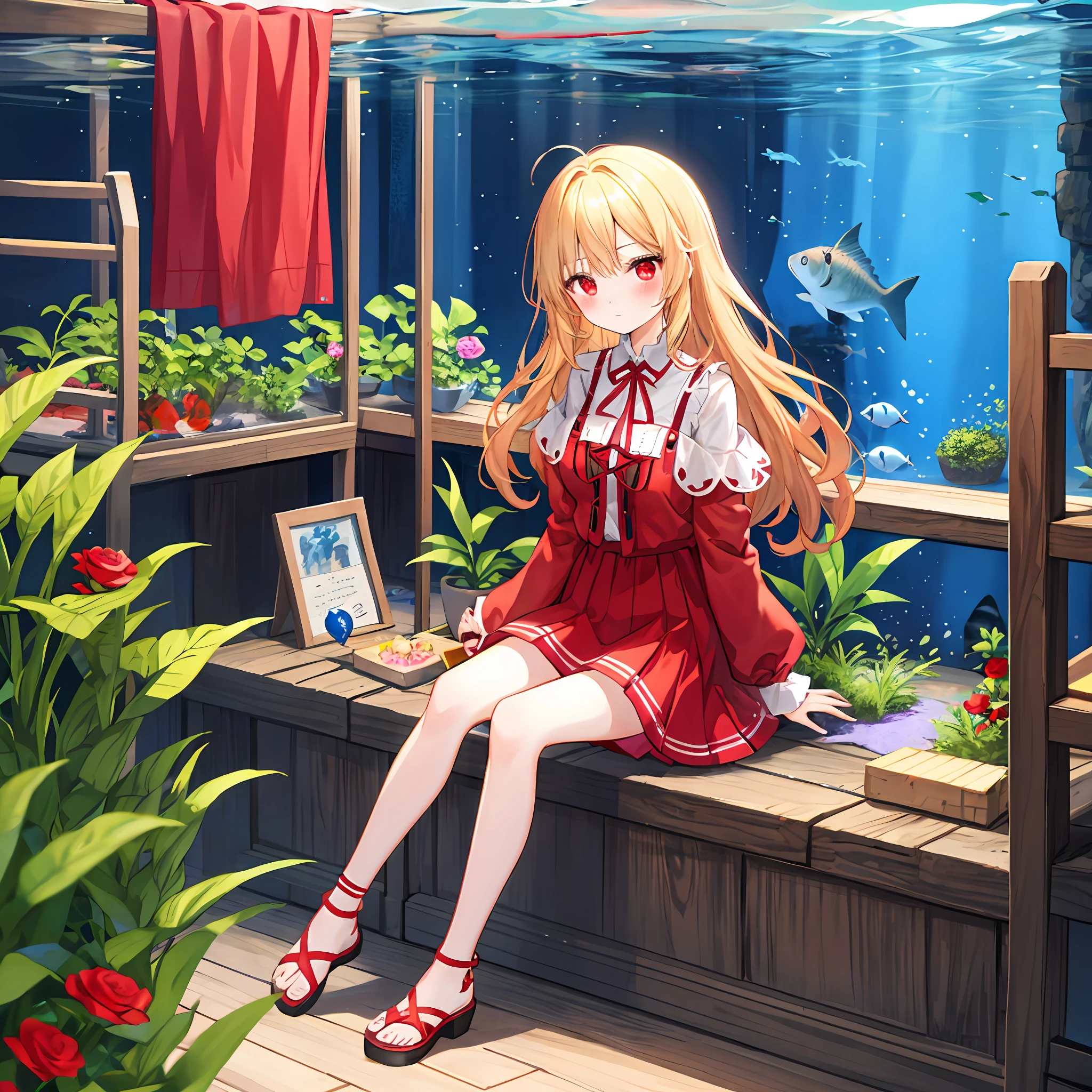 red blush、Wavy blonde hair、red eyes、Beautiful girl alone、animesque、独奏、Dresses in bright colors、a miniskirt、Rosa、lonely、sitting on、aquariums