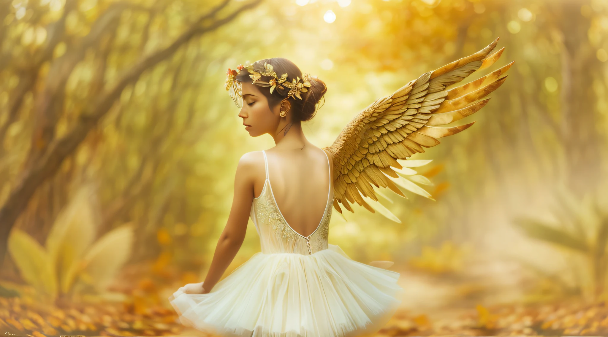 fotografia (estilo fallenangel:1) uma pintura digital de um (atraente:1) Anjo dourado sentado no meio de uma floresta usando um espartilho de seda branca e saia de bailarina