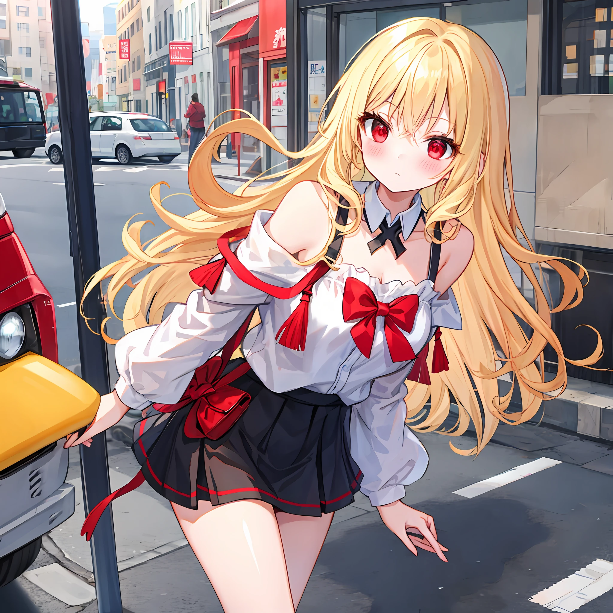Wavy blonde girl、red eyes、独奏、red blush、off shoulders、western clothes、a miniskirt、Urban streets