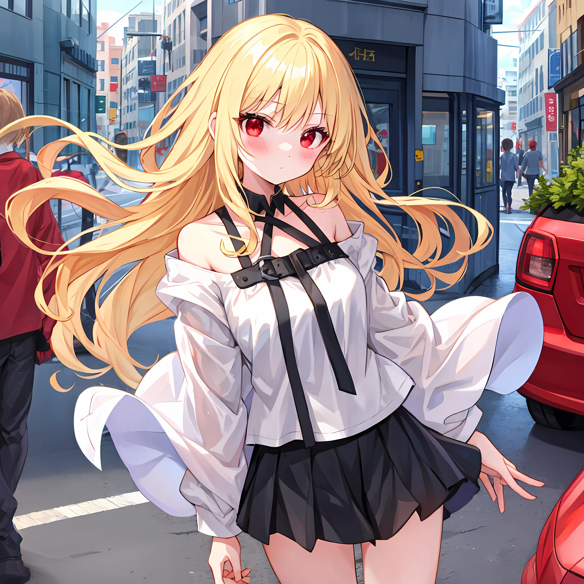Wavy blonde girl、red eyes、独奏、red blush、off shoulders、western clothes、a miniskirt、Urban streets