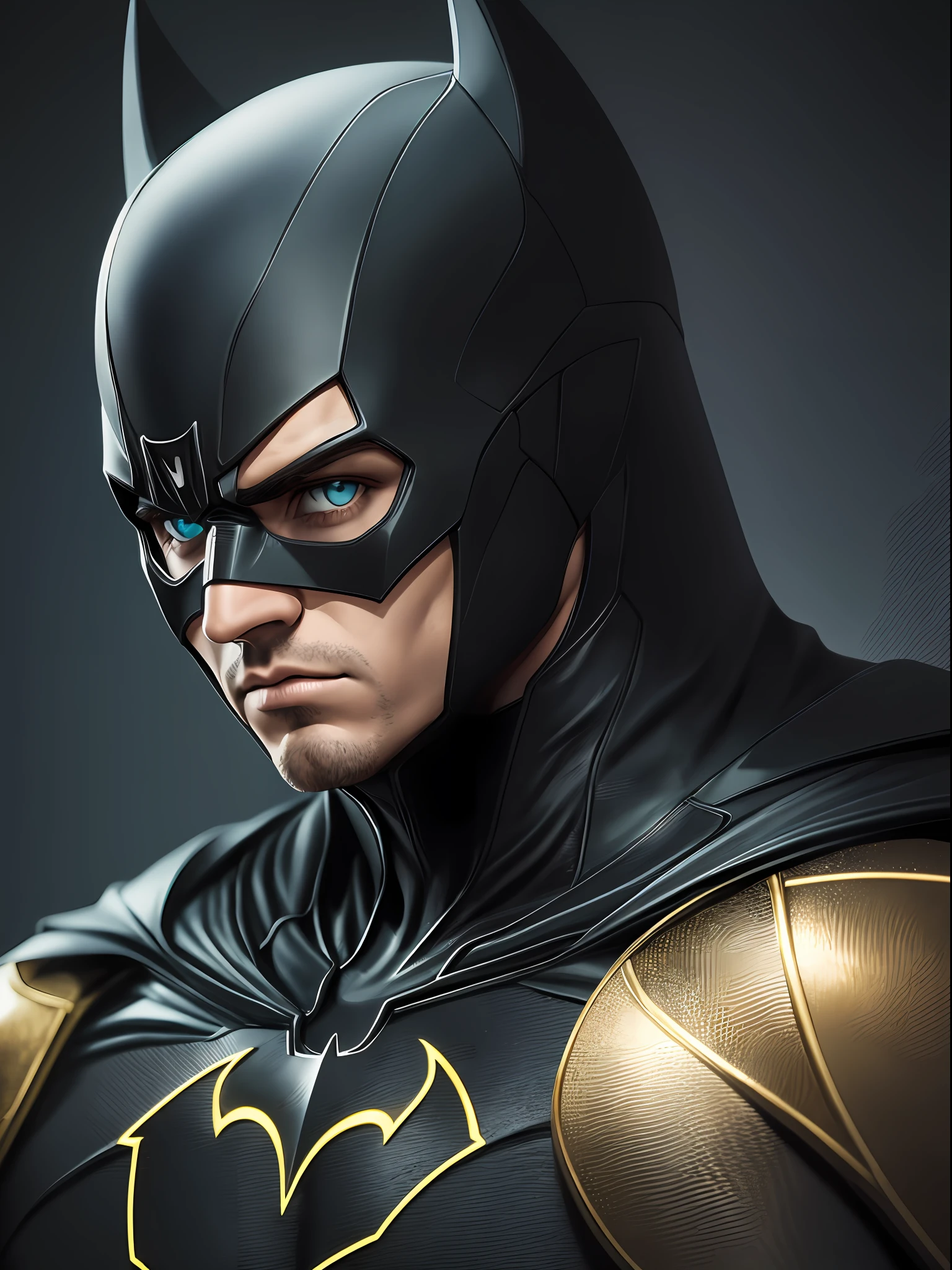Batman, macho, alto, hunk, musculoso, preto e neon terno dourado, pequenos detalhes brancos neon em todas as partes do terno, melhor qualidade, obra-prima, capa preta longa, orelhas curtas no capacete, olhos brancos, sem pupilas, serious face, terno ultra detalhado, rosto detalhado, pose poderosa, melhor qualidade, alta resolução: 1.2, cinto de ultilidade cinza escuro, noite, atmosfera escura, Cabo Fluido, Premiado, Sombra, volumeric lighting
