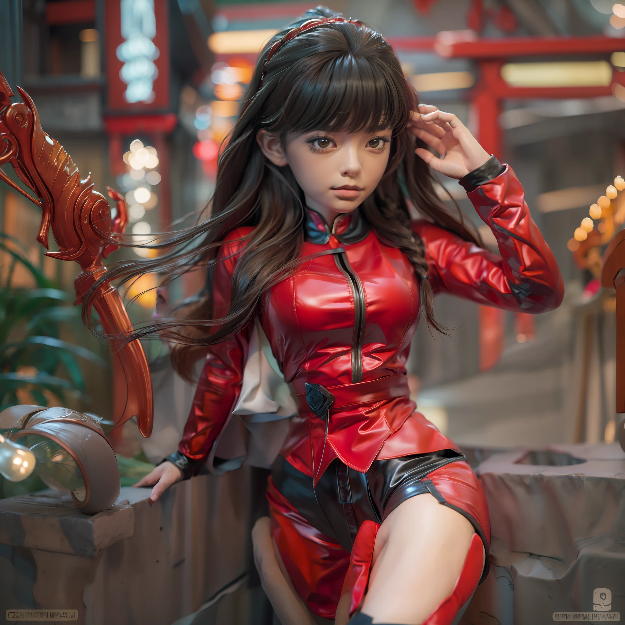 Sexy Asian woman in a red latex outfit posing in a Japanese setting, cabelo vermelho, Deusa japonesa, Gorgeous Japanese model, Garota sexy, roupa muito sexy, Oppai cyberpunk, trending at cgstation, Oppai, menina anime sedutora, pose sexy, Oppai, corpo perfeito fotorrealista, ultrarrealista doce coelhinho menina, ranma chan, belos seios, decote, 8k, imagem real, ultra-detalhado, (fotorrealista), (Muito Delicado e Belo), (Obra-Prima), (Melhor Qualidade: 1.0), (ultra high-definition: 1.0), garota de 16 anos, cabelo ruivo, cebelo vermelho Carmesim, hair style braid, hair with large braid, franja, seios grande