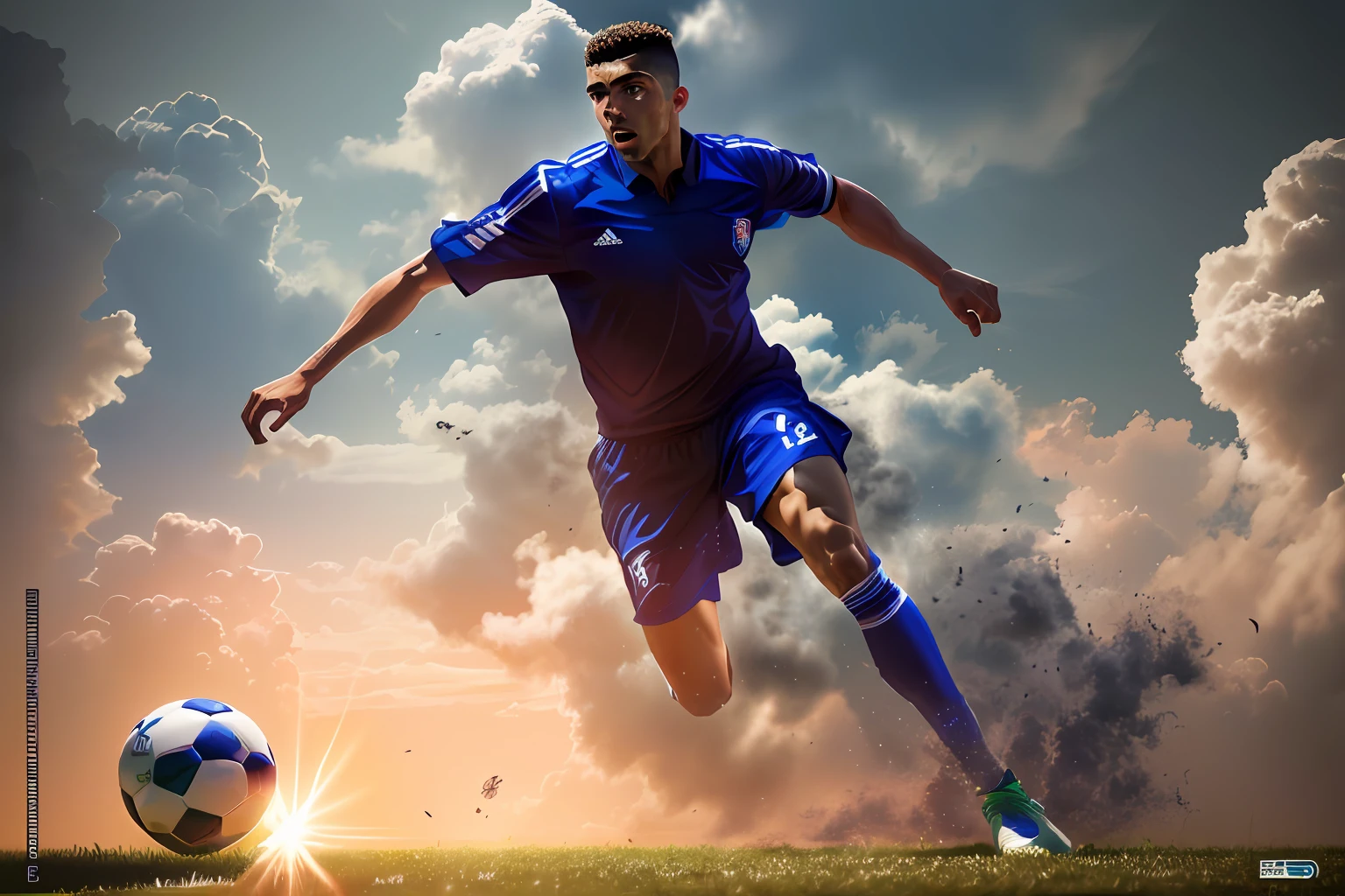 imagem de um jogador de futebol chutando uma bola de futebol, jogador de futebol, jogador de futebol, Artistic illustration, artistic rendering, futebol, O jogador de futebol Cristiano Ronaldo, arte de alta qualidade, dynamic action shot, extremely high quality artwork, jogar futebol, beautiful high resolution, O melhor no Adobe Stock, futebol, desporto, photo art, artistic rendering, photo illustration, Fantastic Art