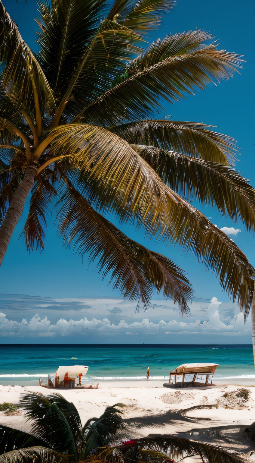 "RAW photograph of a Venezuelan beach full of white sand and palm trees, detalles meticulosos, fotorrealista, 8k UHD, soft illuminaotion, alta calidad, Cinematographic grain, Fujifilm XT3, (obra maestra)."