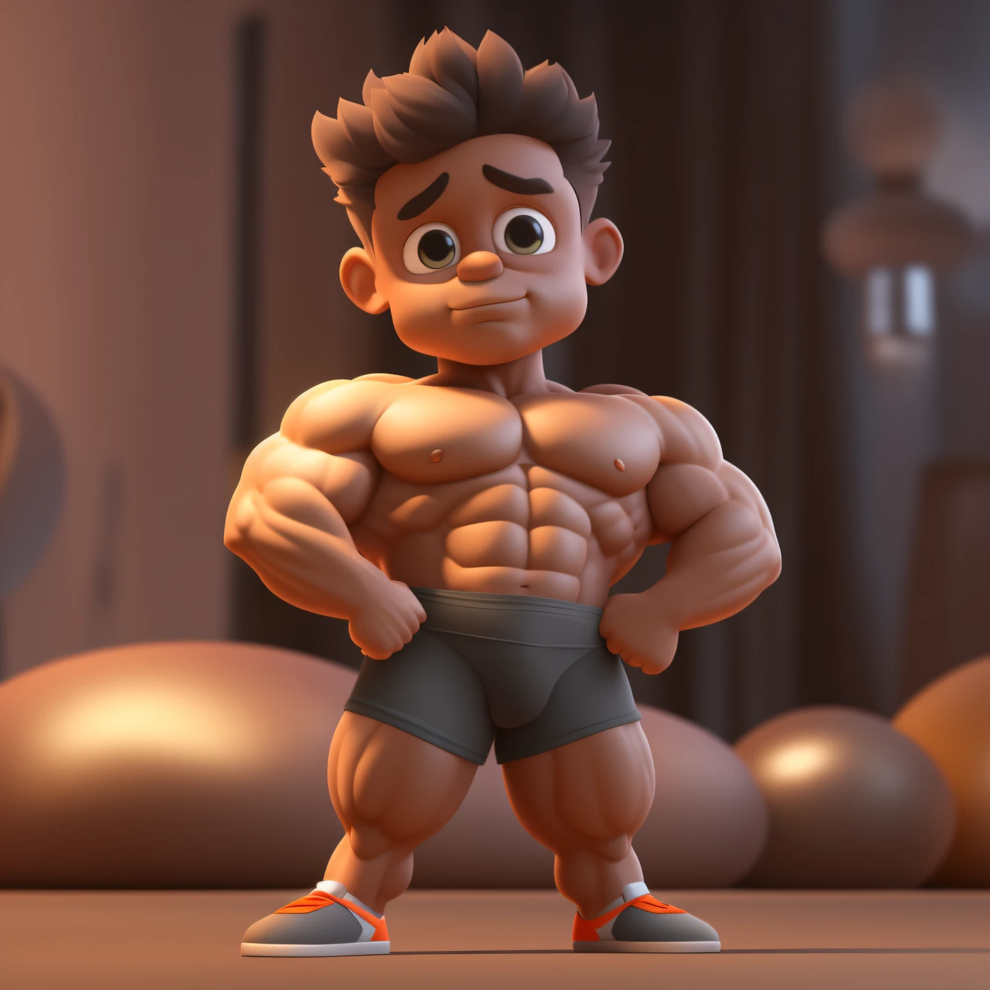 masterpiece, 3D animation, Pixar style, (super cute toon boy bodybuilder with big expressive eyes), (oversized head) + (swoll muscles, bodybuilder physique) + (posing confidently in a thong, cool vibe)