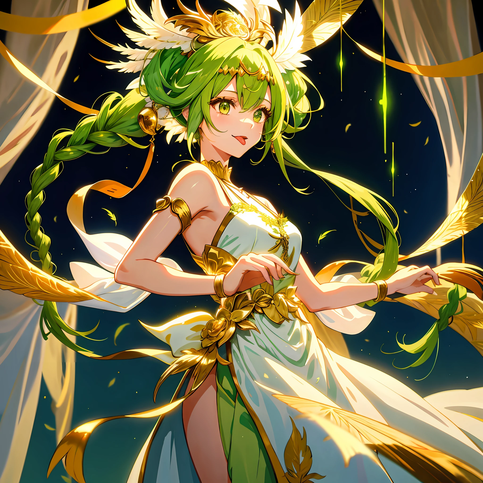 Akaname monster girl, long skinny tongue, long green bang hairstyle with tendrils and a gold leaf headband with intertwined white feathers, wearing a White Chiffon dress, masterpiece, best quality