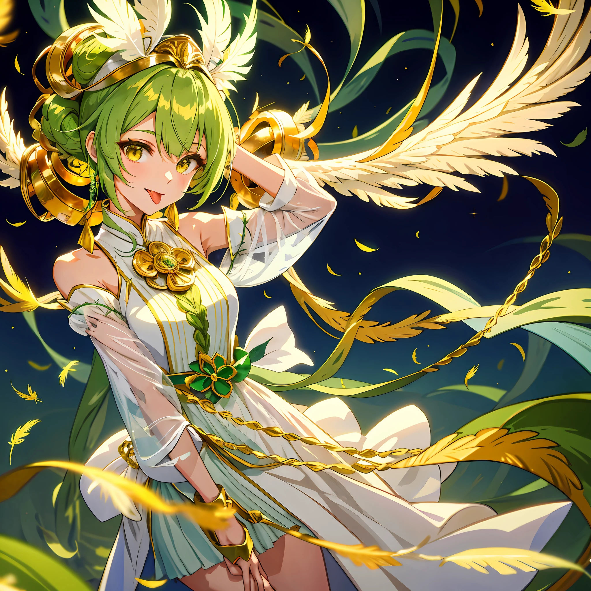 Akaname monster girl, long skinny tongue, long green bang hairstyle with tendrils and a gold leaf headband with intertwined white feathers, wearing a White Chiffon dress, masterpiece, best quality