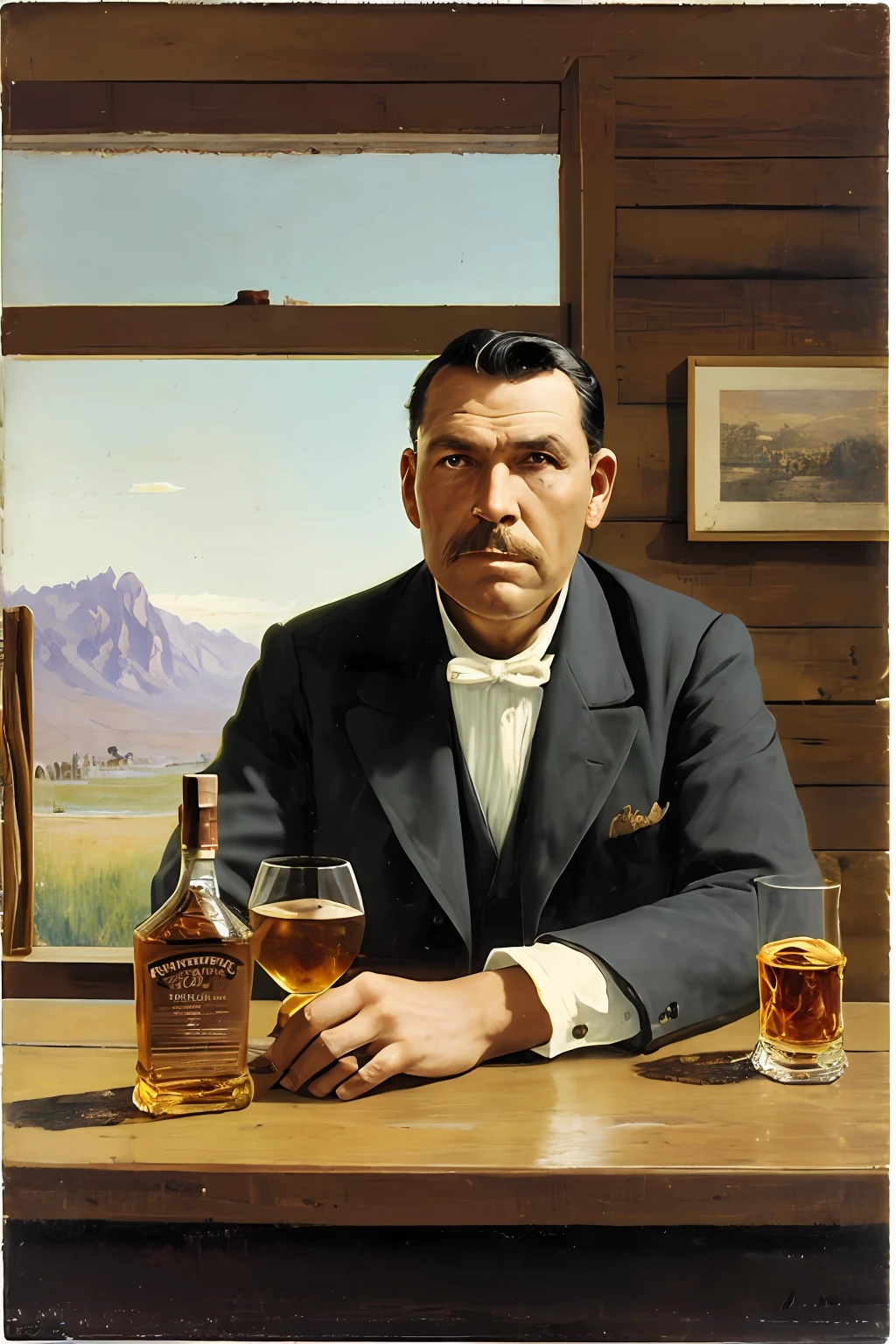 guttonerdjul23, Oil painting of an old railroad worker from the West sipping a shot of whiskey in a saloon, rustic 19th century American Old West, contemplative expression, por Frank Tenney Johnson, por Frederic Remington, por HW Hansen, por Charles Marion Russell, por William Herbert Dunton, immersive composition, paleta de cores quentes