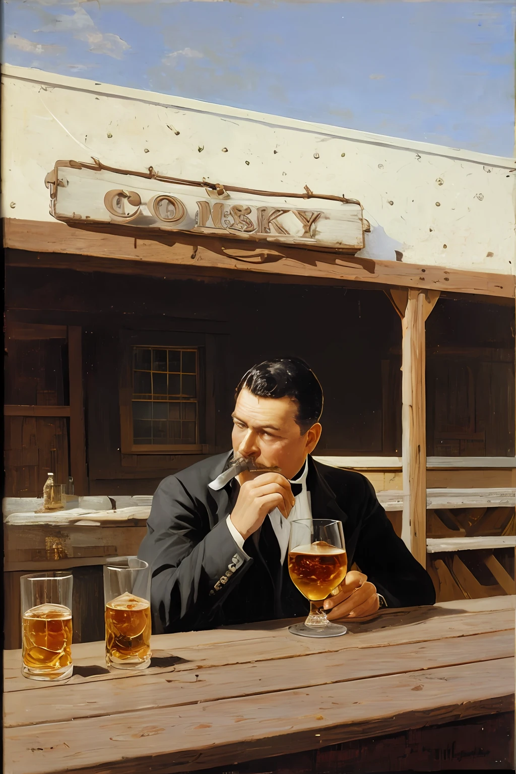 guttonerdjul23, Oil painting of an old railroad worker from the West sipping a shot of whiskey in a saloon, rustic 19th century American Old West, contemplative expression, por Frank Tenney Johnson, por Frederic Remington, por HW Hansen, por Charles Marion Russell, por William Herbert Dunton, immersive composition, paleta de cores quentes