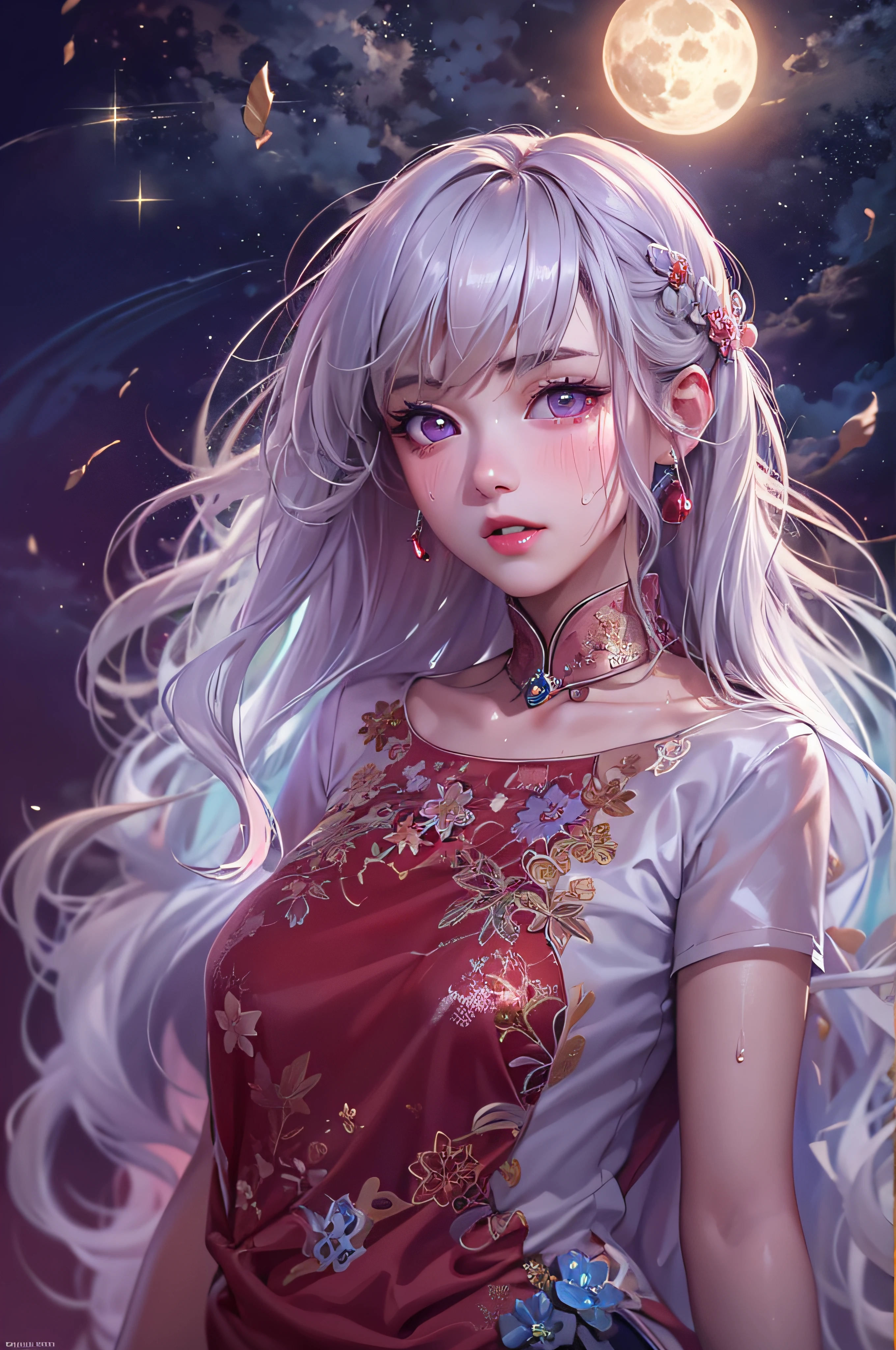 (masterpiece, top quality, best quality, official art, beautiful and aesthetic:1.2), (1girl:1.3), (fractal art:1.3),absurd, masterpiece, best quality, realistic, hyper-detailed, (shiny skin, sweaty:1.4), looking at viewer, slender, solo, white sneakers, white miniskirt, long hair, white hair, red eyes, heterochromia, multi coloured eyes, (thick thighs:0.5), dynamic lighting, high resolution, sharp focus, depth of field, medium breasts, masterpiece, best quality, ultra-detailed, illustration, ultra-detailed face, best quality face, adult, 1girl, 18 years old, adult, intricate detailed outfit, sexy pose, glowing red dress, cute, kawaii, digital art, finely detailed eyes, blushing, red cheeks, realistic, purple eyes, glowing eyes, top, skirt, parted lips, blush, night, sun, sunlight, cute, kawaii, digital art, finely detailed eyes, embarrassed expression, long_hair, blushing, moon, star_\(sky\), starry_sky, full_moon, photorealistic, asian, woman, mix4