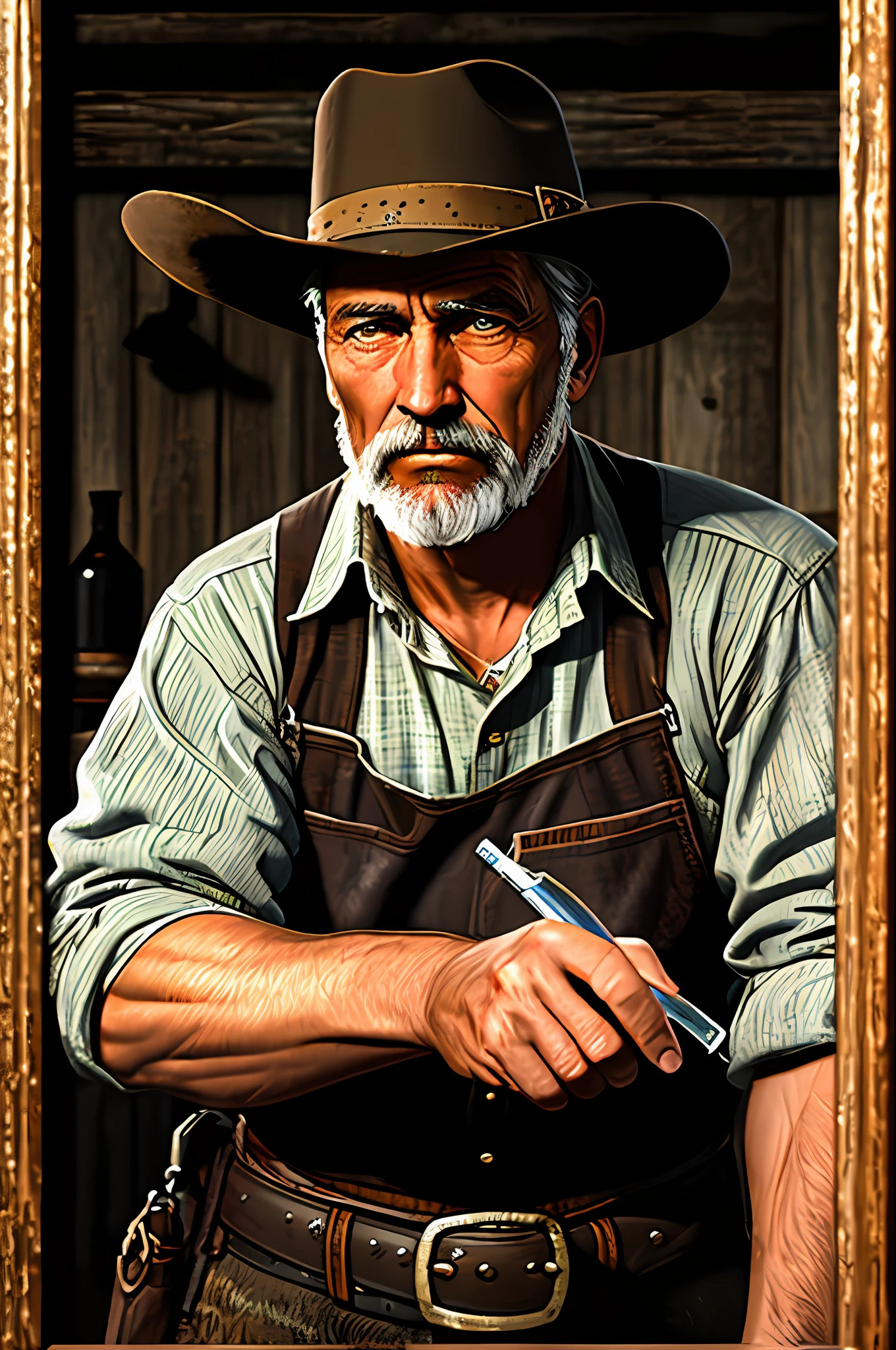 Guttonerdjul23, Oil painting of an old railroad worker from the West sipping a shot of whiskey in a saloon, rustic 19th century American Old West, contemplative expression, por Frank Tenney Johnson, por Frederic Remington, por HW Hansen, por Charles Marion Russell, por William Herbert Dunton, immersive composition, paleta de cores quentes