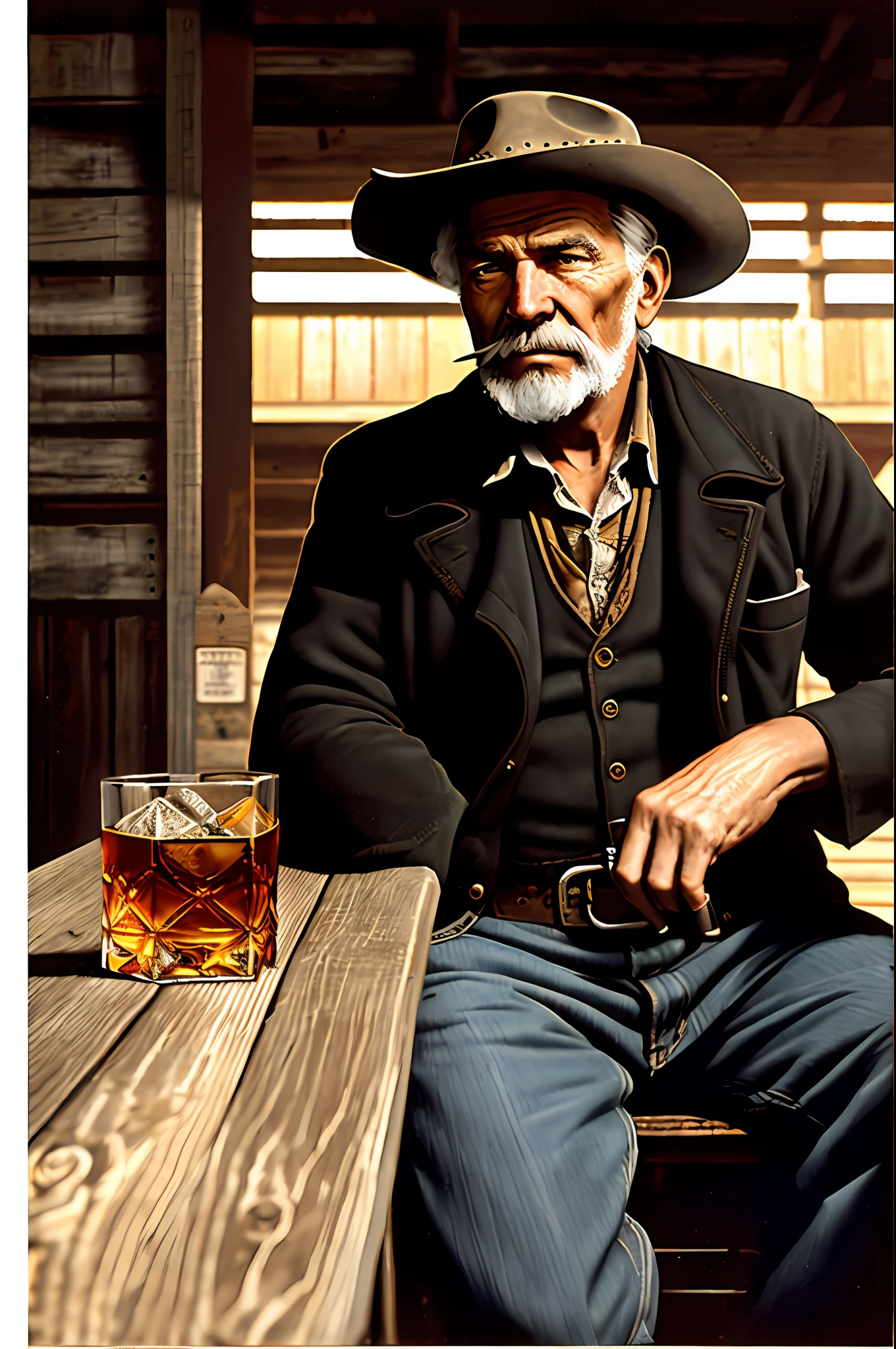 Guttonerdjul23, Oil painting of an old railroad worker from the West sipping a shot of whiskey in a saloon, rustic 19th century American Old West, contemplative expression, por Frank Tenney Johnson, por Frederic Remington, por HW Hansen, por Charles Marion Russell, por William Herbert Dunton, immersive composition, paleta de cores quentes