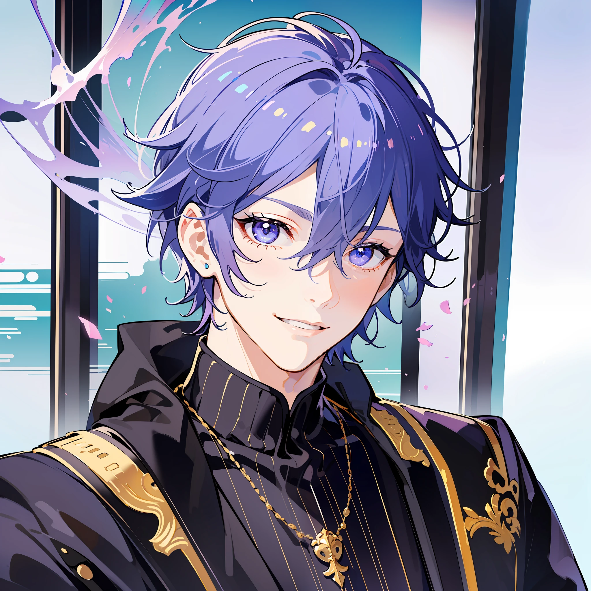 ((masterpiece)),(((best quality))), (high-quality, breathtaking),(expressive eyes, perfect face), 1boy, male, short light purple hair, beautiful purple eyes, smiling, black idol outfit, knight, wearing black pants, shine, glow, sunshine, blue sky, portrait, solo, one person