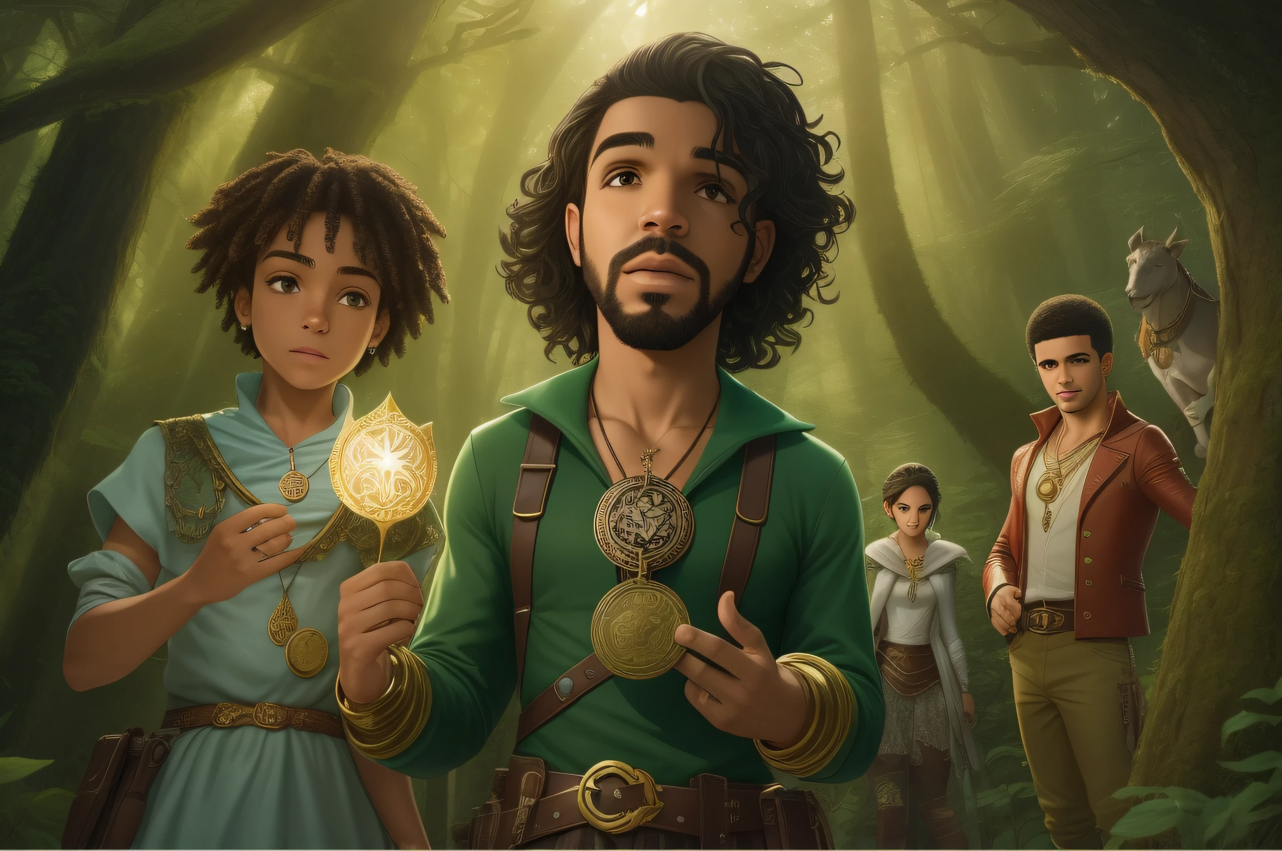 Na capa, interpretando Johnnie, amora, Drake and Pipo in a magical setting of the enchanted forest. Johnny will have the silver medallion in his hands, representing his courage and heroism. As cores devem ser vivas e alegres, highlighting the magic and friendship present in the story.