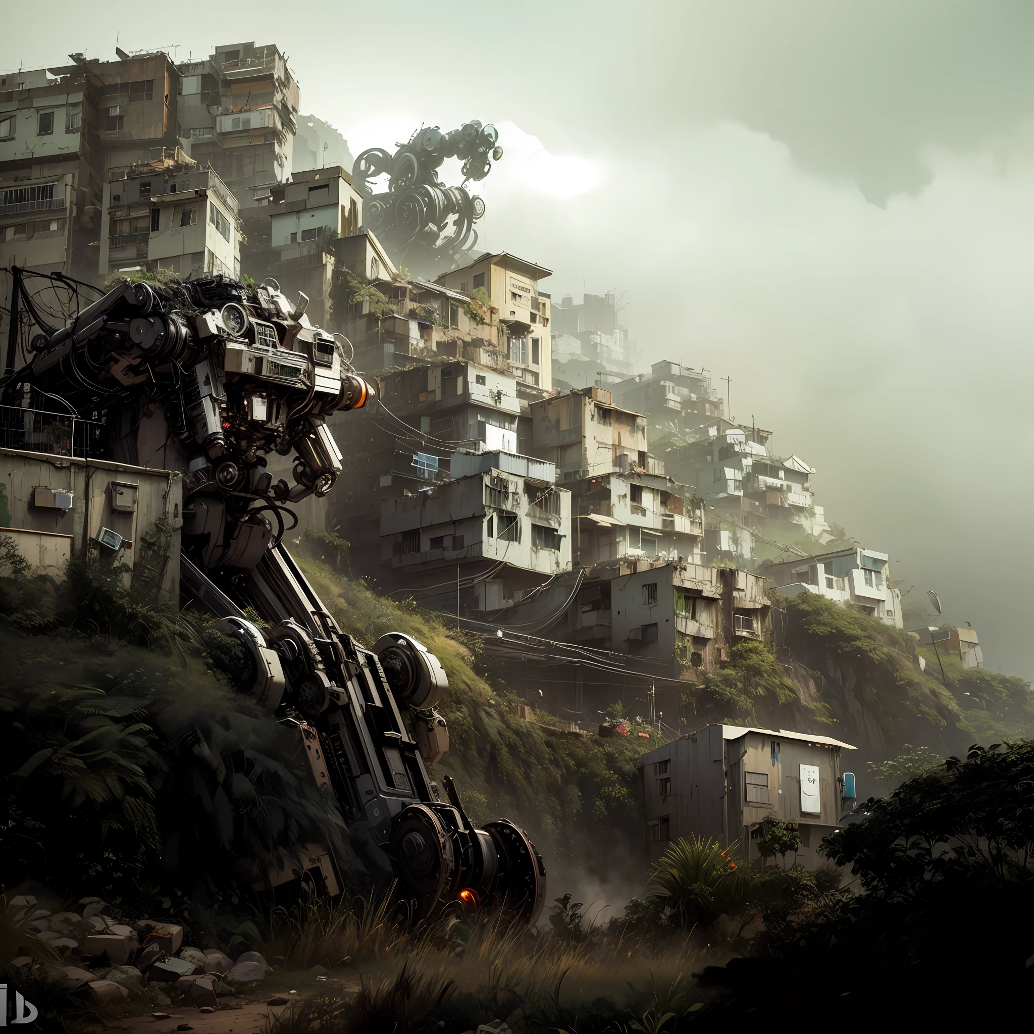 There is a giant old robot discarded in a favela of the carioca hill, sci-fi favela sculpture, highly realistic concept art, stunning photo real concept art, futuristic urban of favela mountain, Neil Blomkamp's movie landscape, futuristic favela, robot city ruins, beautiful 3D concept art, 3D rendering and matte painting, stunning sci-fi concept art,  Stunning matte paint