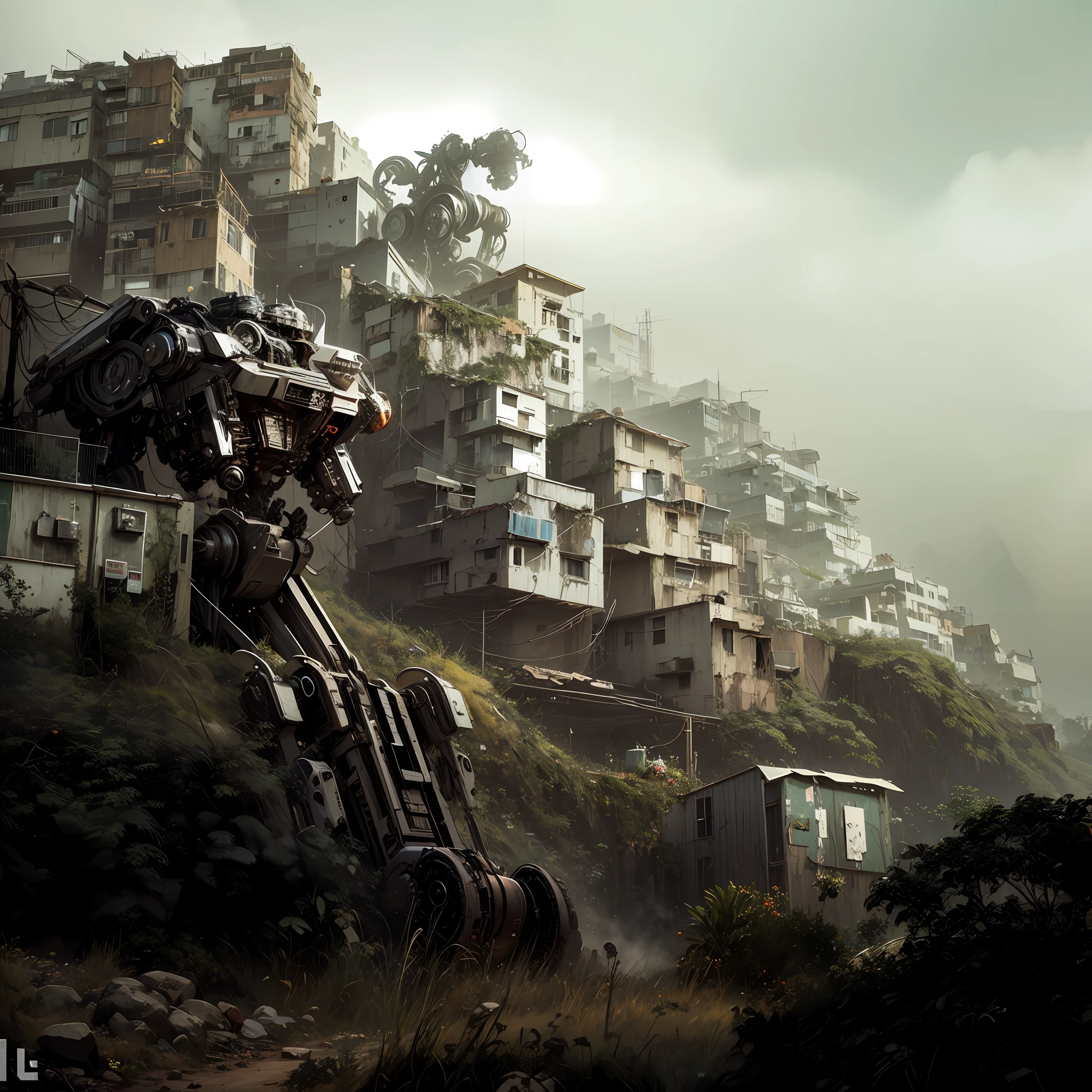 There is a giant old robot discarded in a favela of the carioca hill, sci-fi favela sculpture, highly realistic concept art, stunning photo real concept art, futuristic urban of favela mountain, Neil Blomkamp's movie landscape, futuristic favela, robot city ruins, beautiful 3D concept art, 3D rendering and matte painting, stunning sci-fi concept art, Stunning matte paint