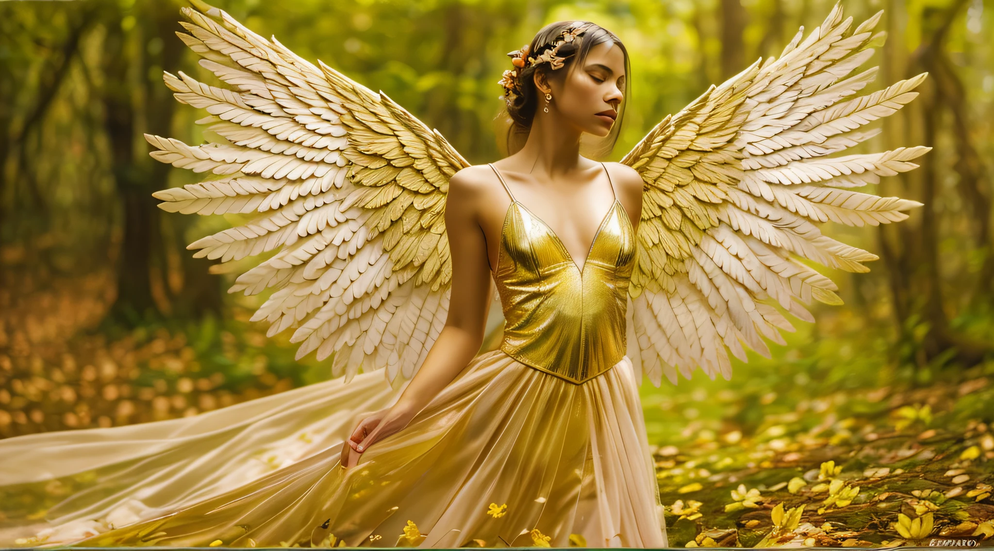 fotografia (estilo fallenangel:1) uma pintura digital de um (atraente:1) Anjo dourado sentado no meio de uma floresta usando um espartilho de seda branca e saia de bailarina