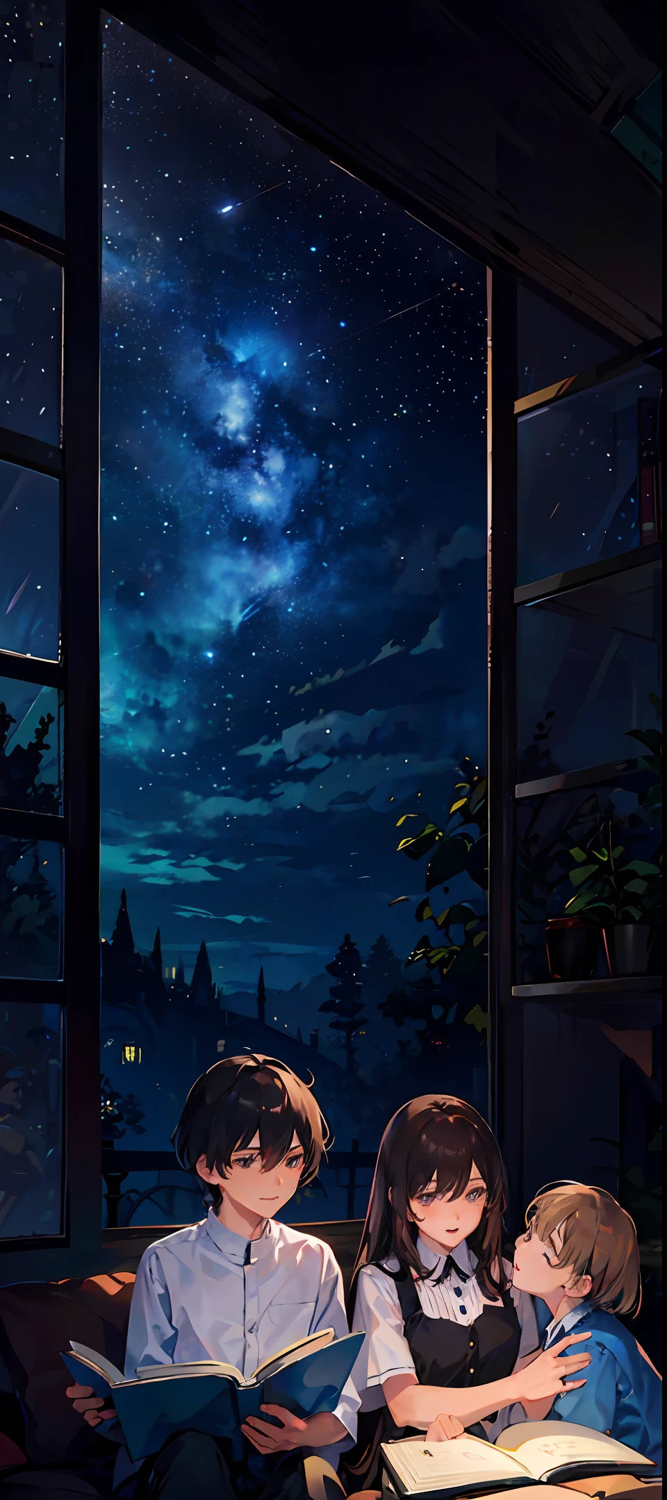 Draw a family reading a book at night in a starry sky