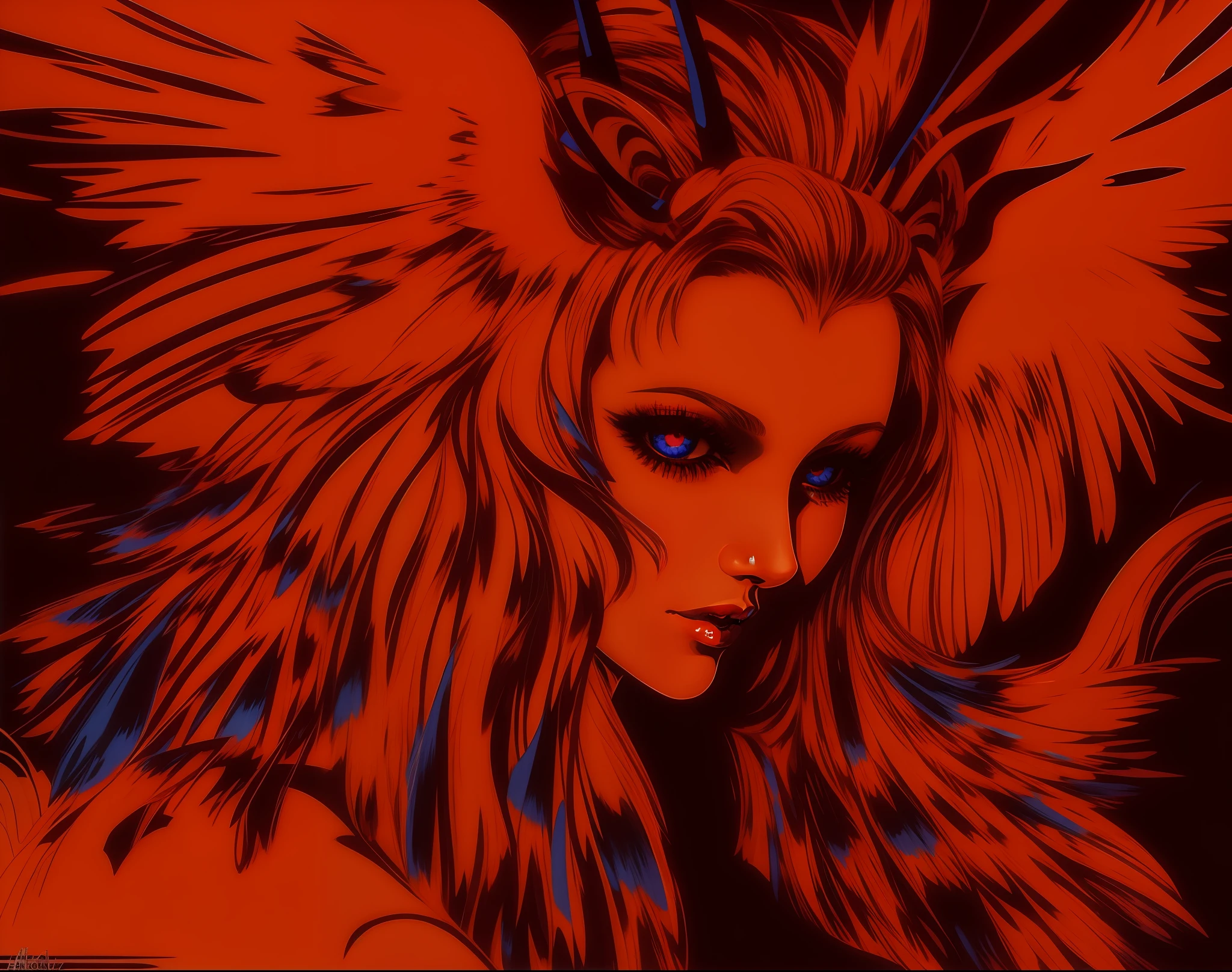 uma pintura vermelha e azul de uma mulher com asas, inspirado em Harry Clarke, harpia mulher, demonio, Estilo de Yoshitaka Amano, harpia, inspirado em Philippe Druillet, Arte Digital - W 640, Kefka FF6, Arte Digital - W 700, Jovem Harpia-Menina, vibe yoshitaka amano