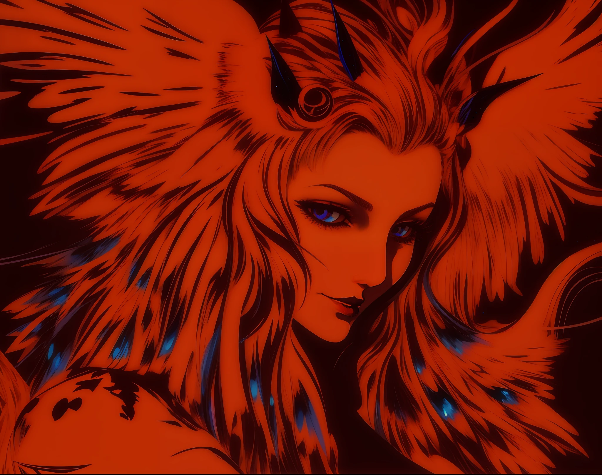 uma pintura vermelha e azul de uma mulher com asas, inspirado em Harry Clarke, harpia mulher, demonio, Estilo de Yoshitaka Amano, harpia, inspirado em Philippe Druillet, Arte Digital - W 640, Kefka FF6, Arte Digital - W 700, Jovem Harpia-, vibe yoshitaka amano